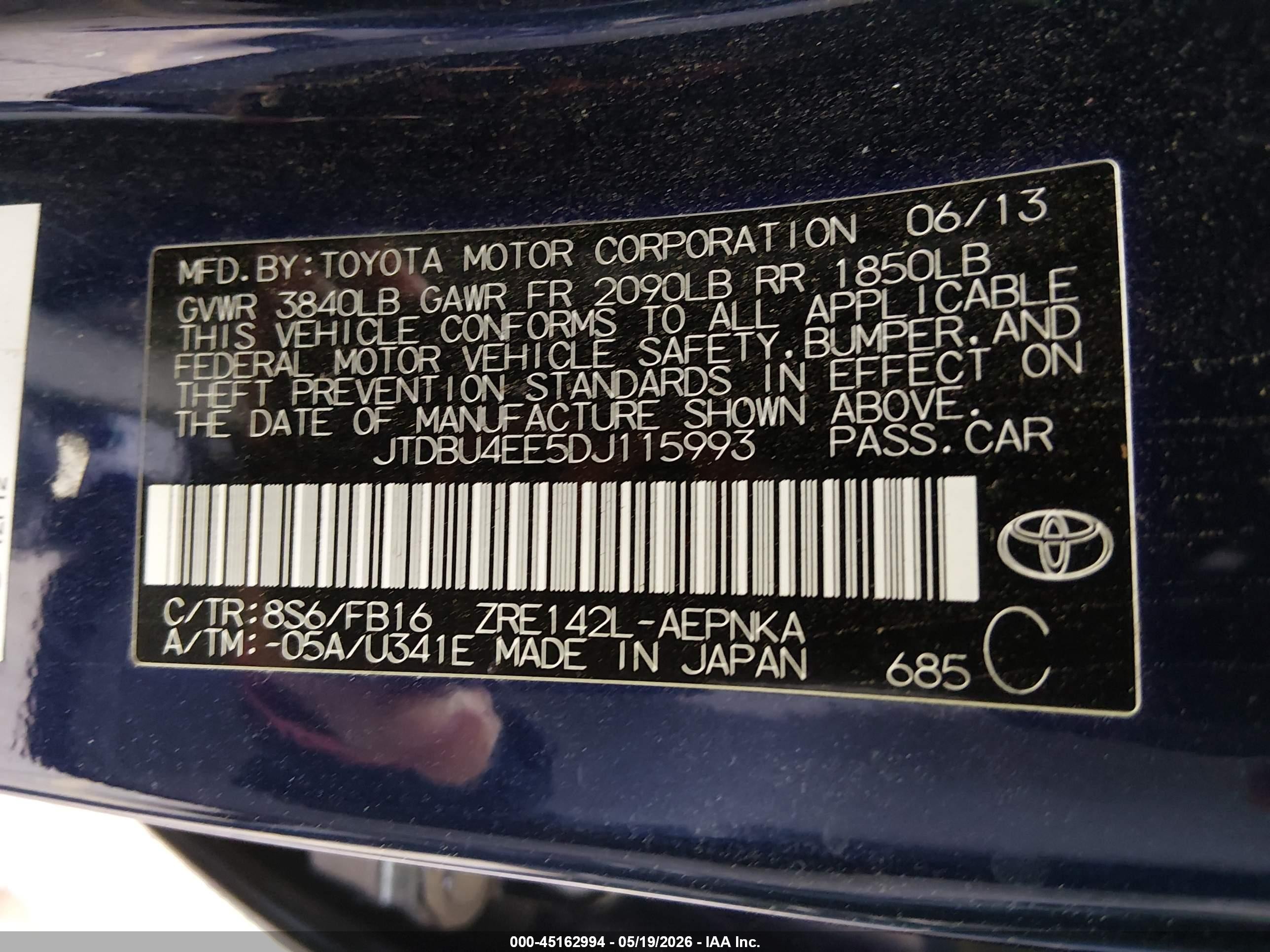 2013 Toyota Corolla Le Blue vin: JTDBU4EE5DJ115993