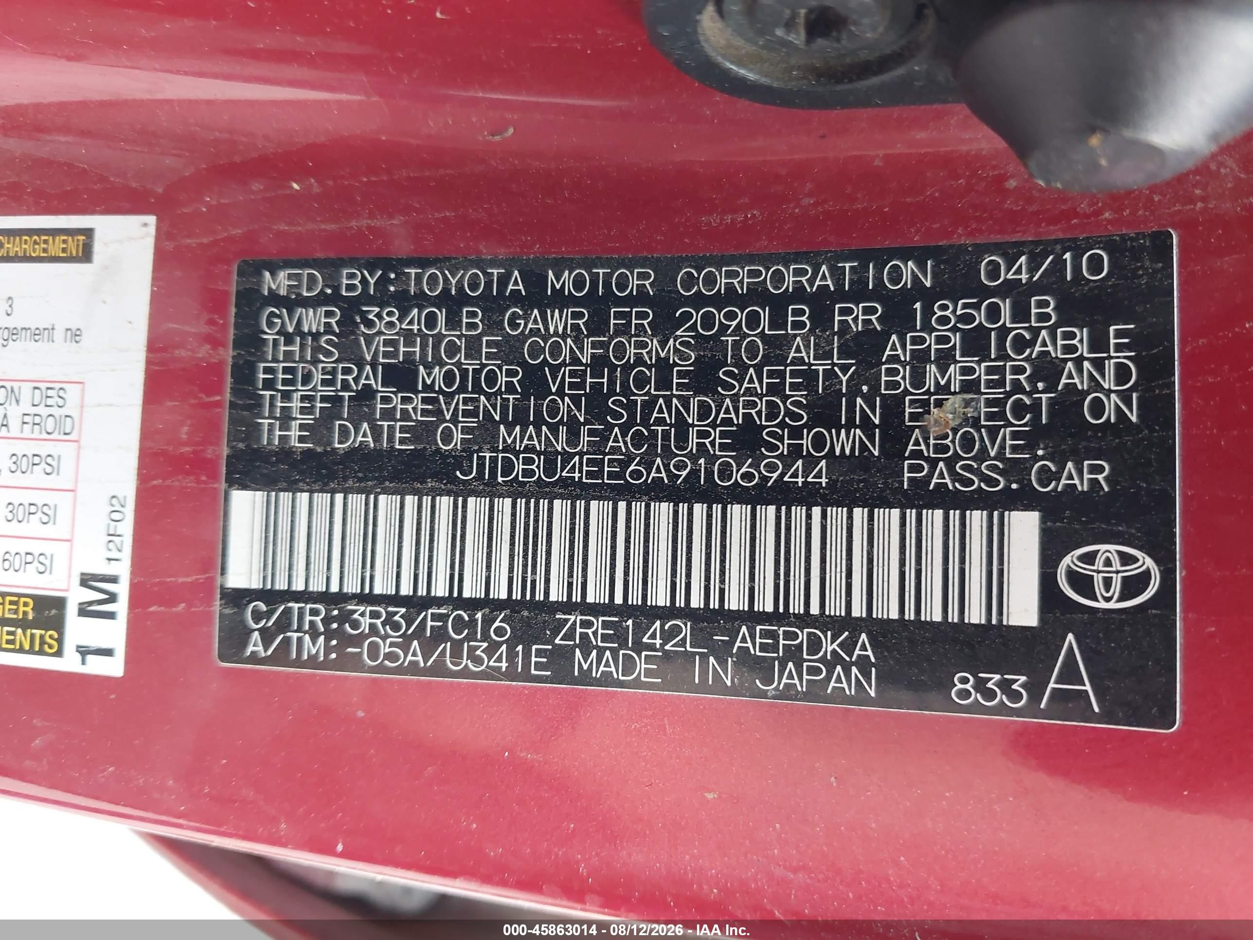 2010 Toyota Corolla Le Красный vin: JTDBU4EE6A9106944