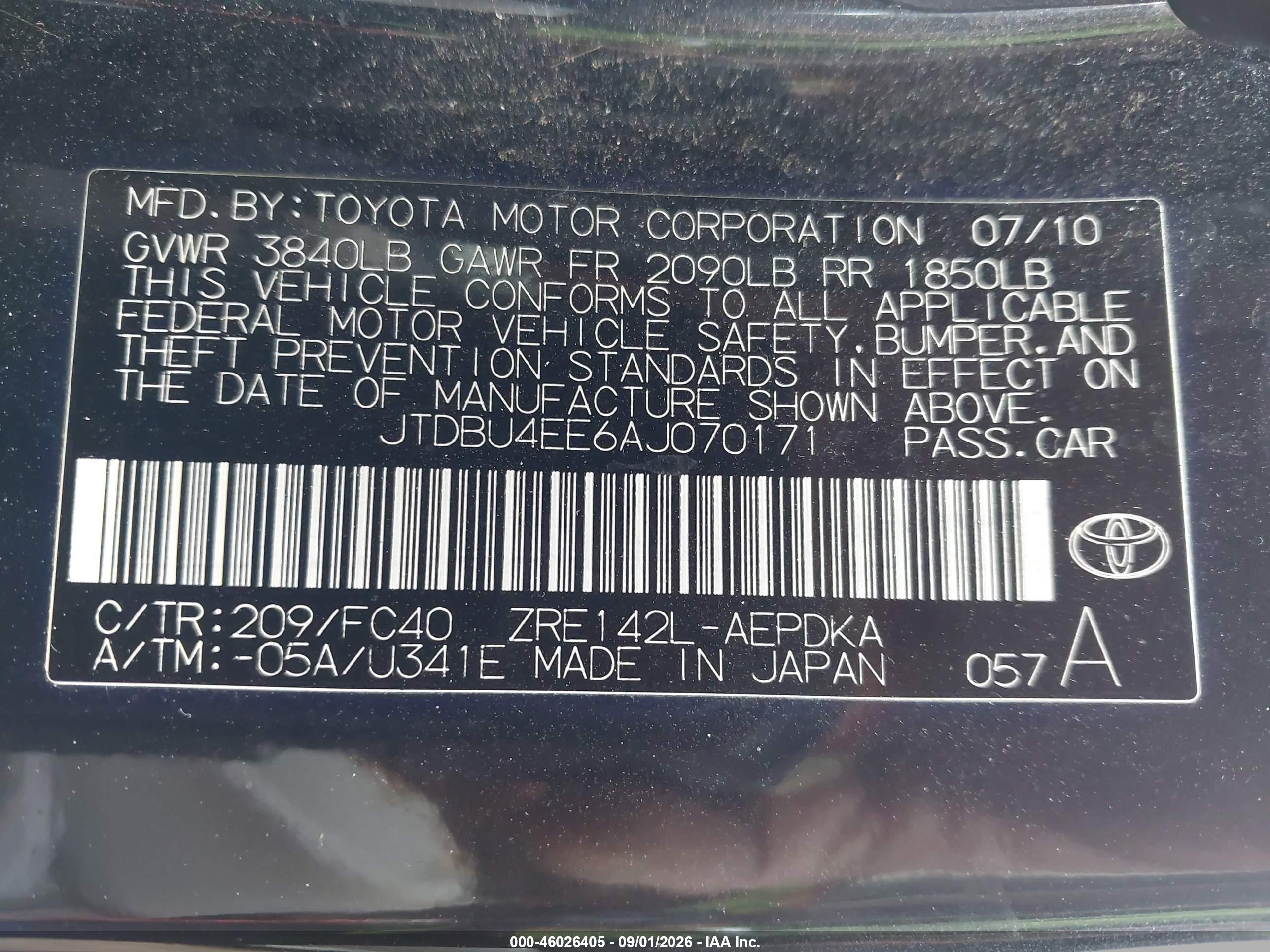 2010 Toyota Corolla Le Black vin: JTDBU4EE6AJ070171