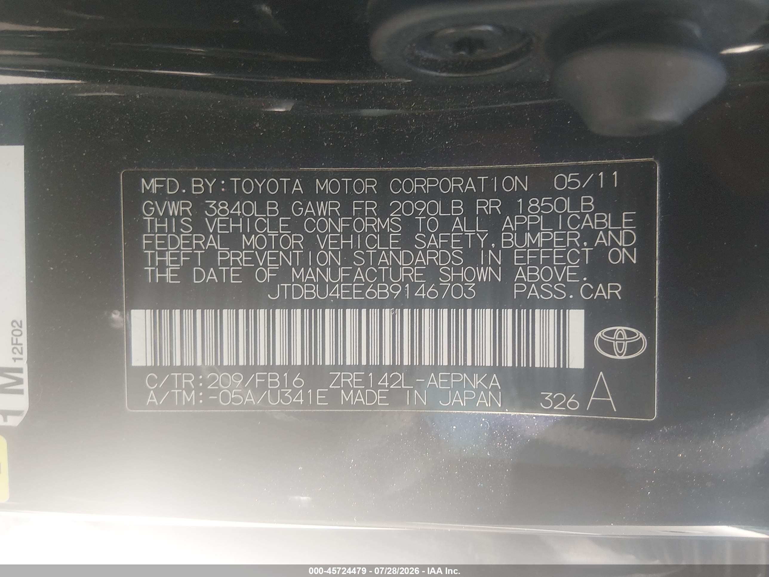 2011 Toyota Corolla Le Black vin: JTDBU4EE6B9146703