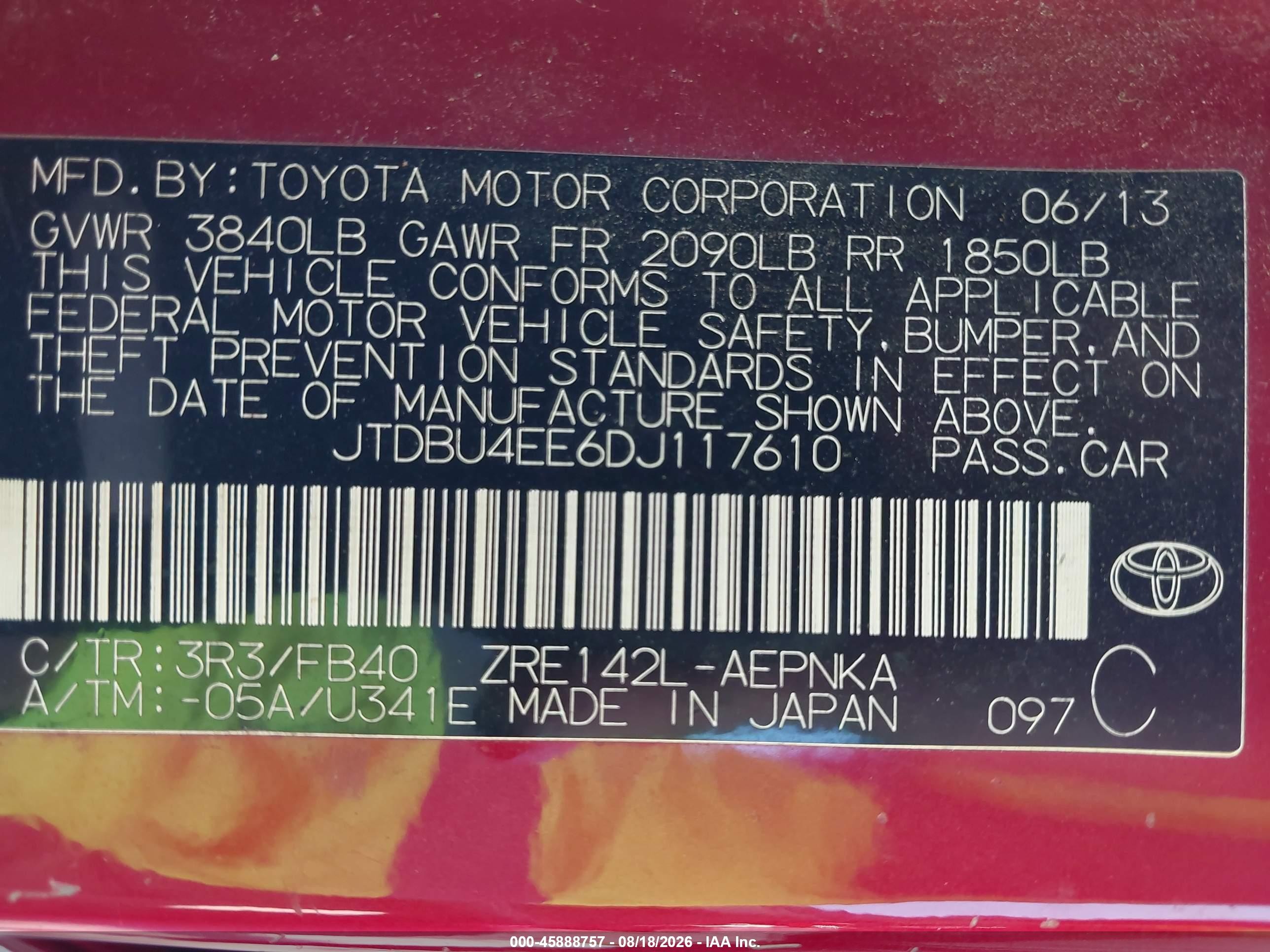 2013 Toyota Corolla Le Red vin: JTDBU4EE6DJ117610