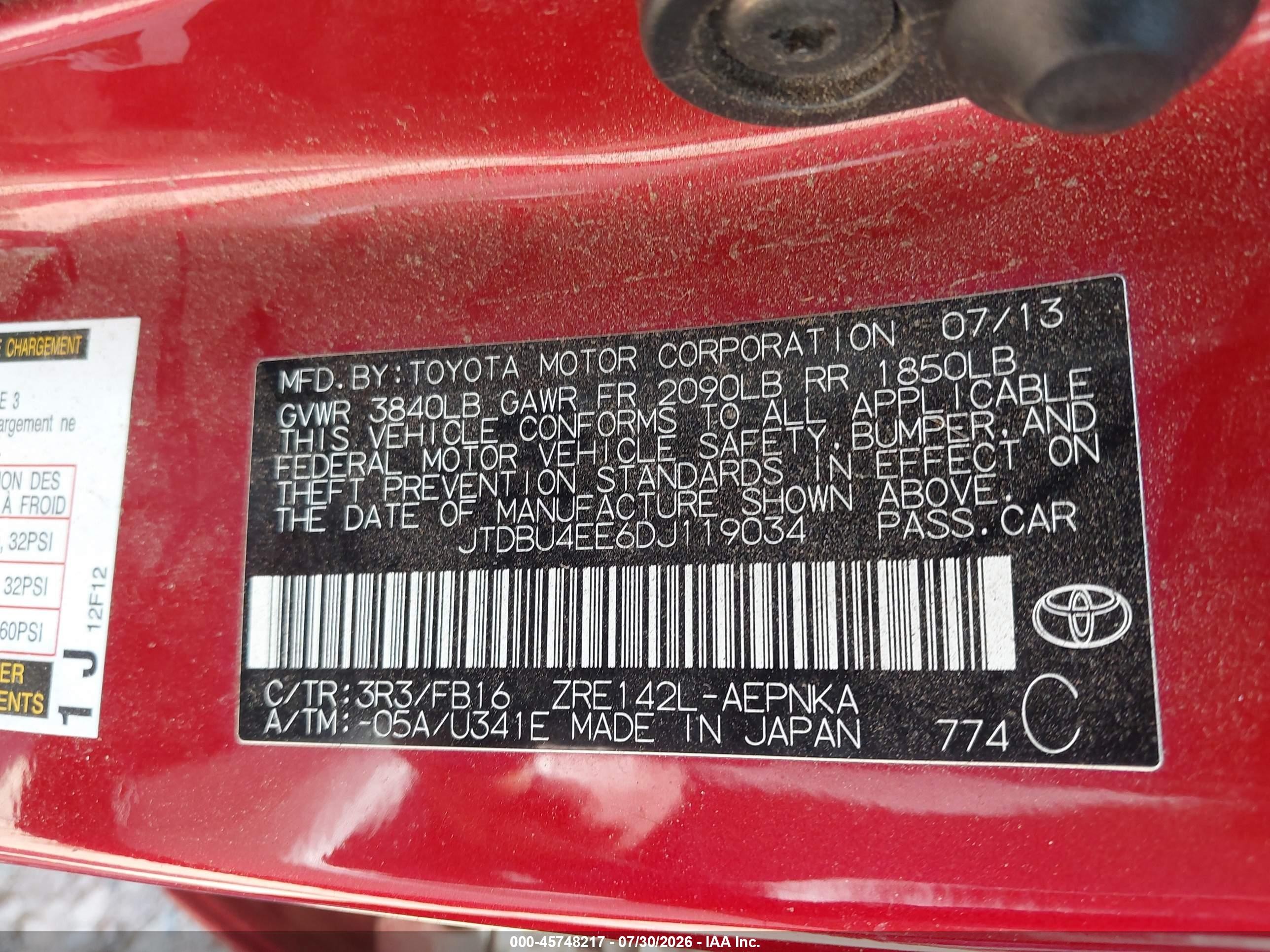 2013 Toyota Corolla Le Red vin: JTDBU4EE6DJ119034