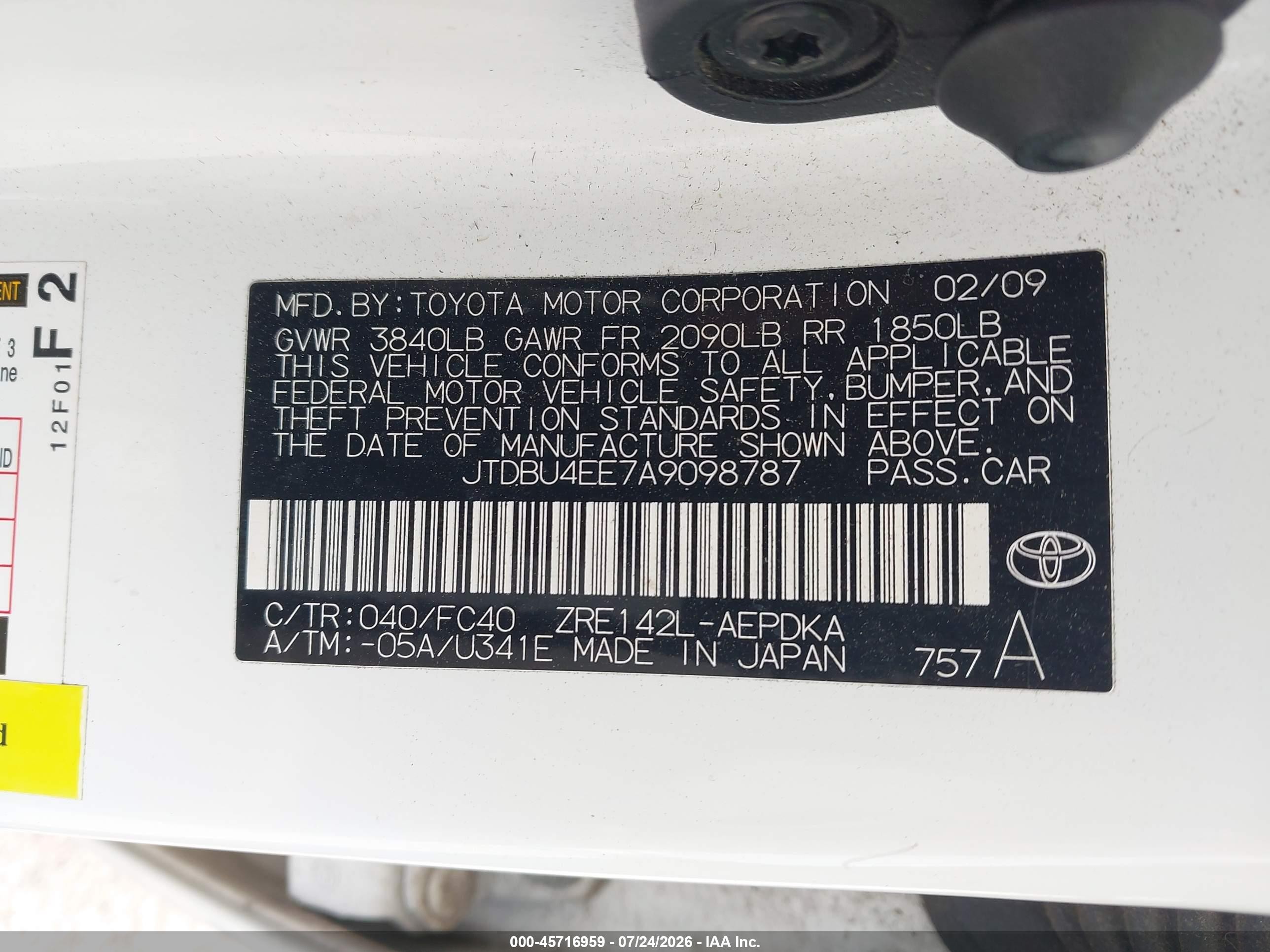 2010 Toyota Corolla Le White vin: JTDBU4EE7A9098787