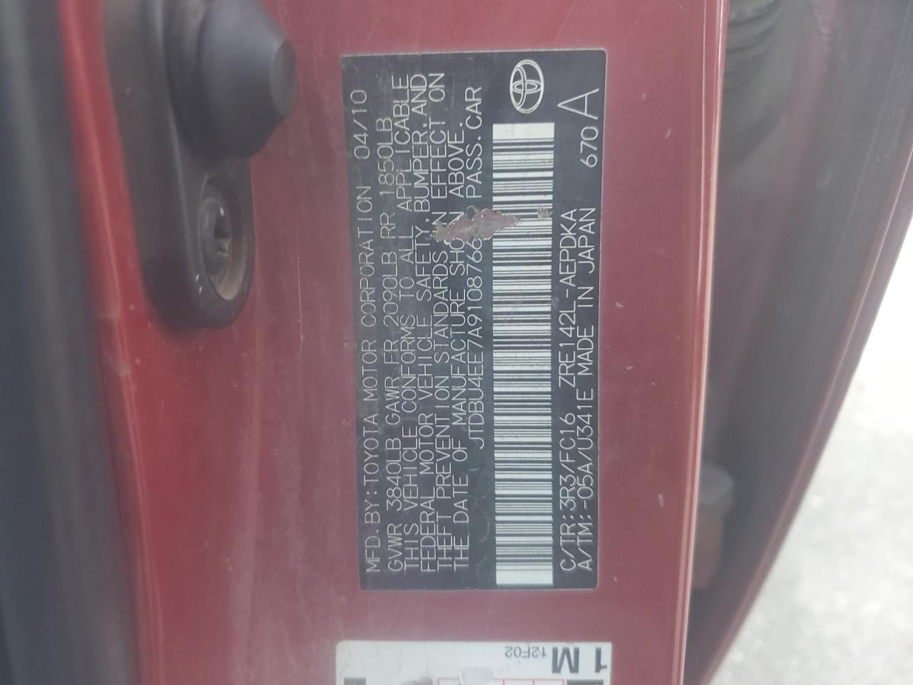 2010 Toyota Corolla Base Red vin: JTDBU4EE7A9108766