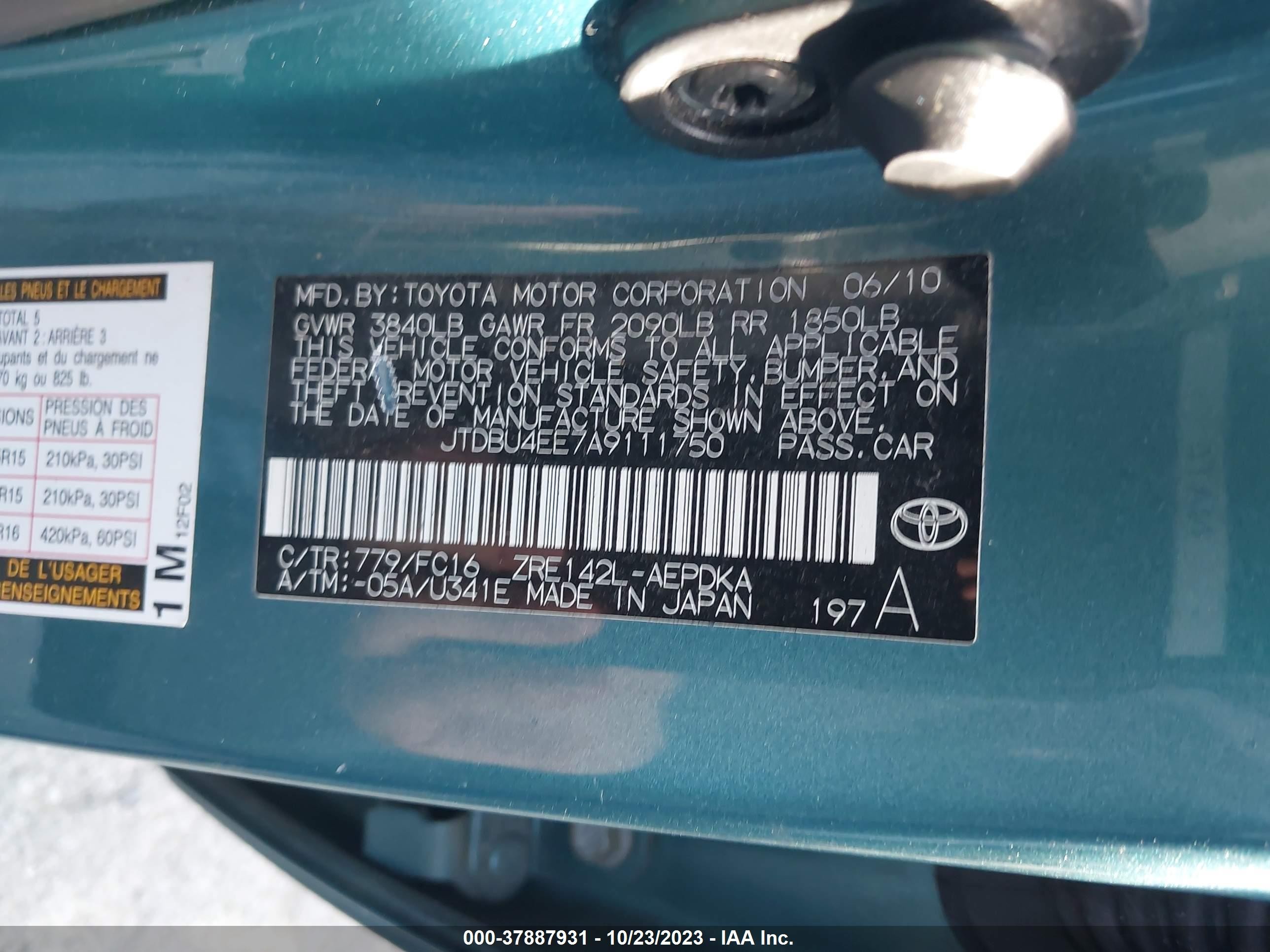 2010 Toyota Corolla Le Turquoise vin: JTDBU4EE7A9111750