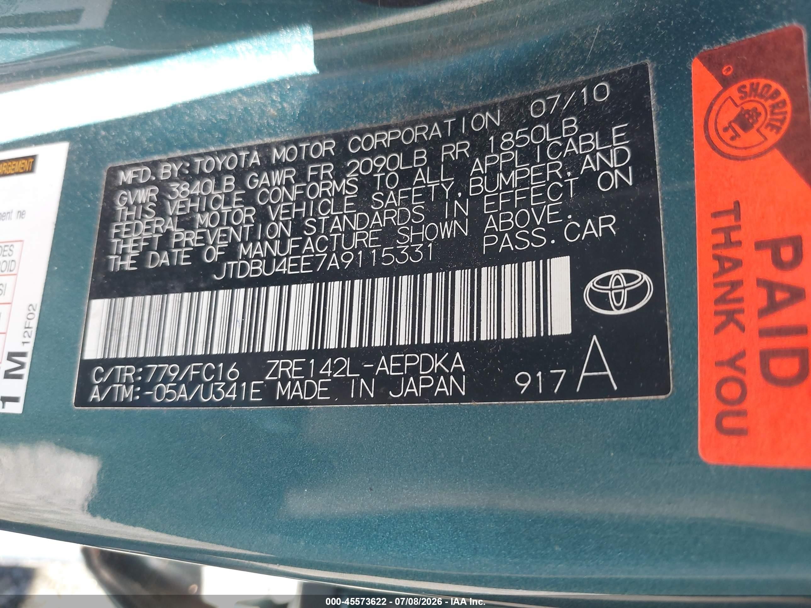 2010 Toyota Corolla Le Blue vin: JTDBU4EE7A9115331