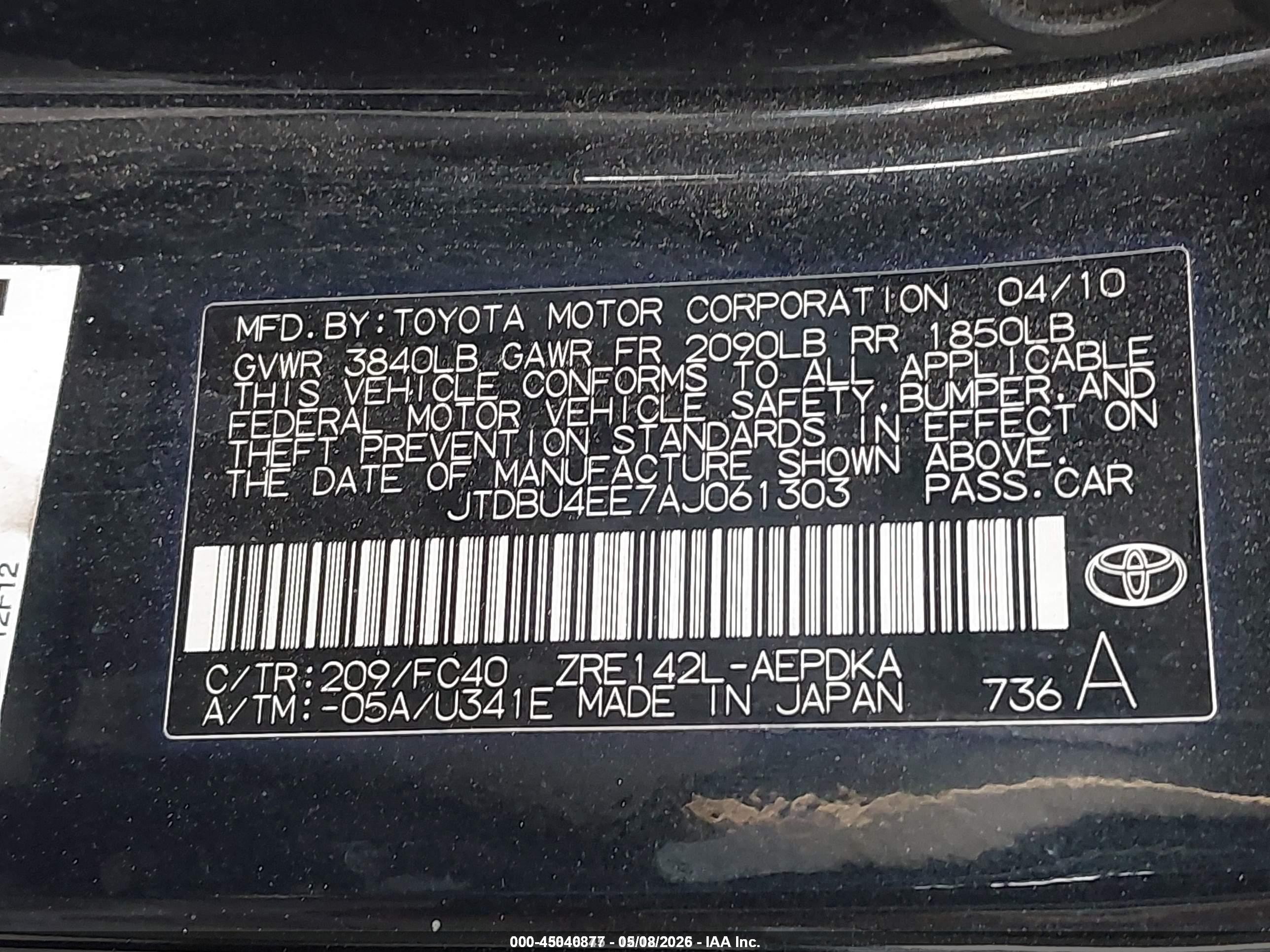 2010 Toyota Corolla Le Black vin: JTDBU4EE7AJ061303