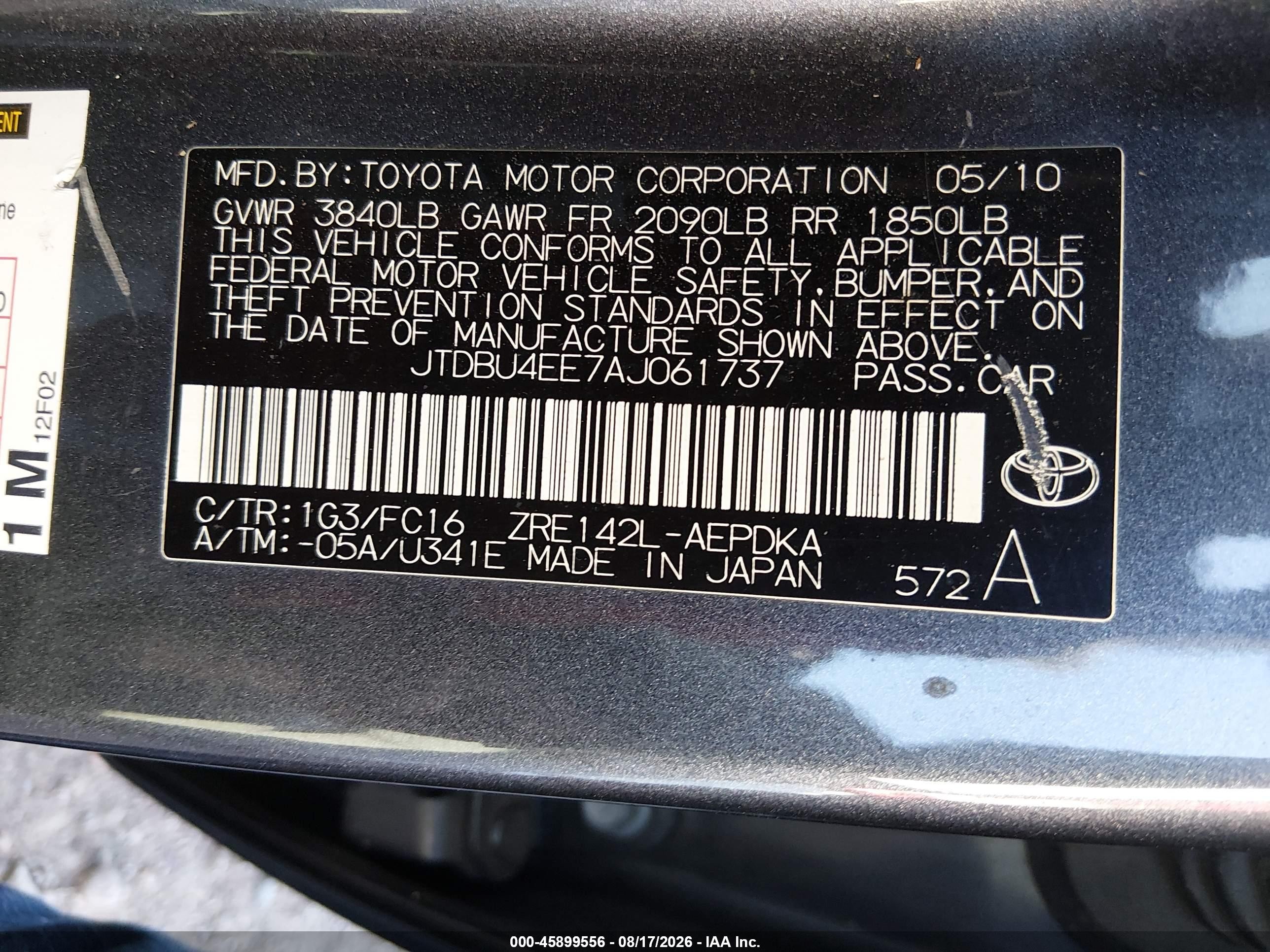 2010 Toyota Corolla Le Gray vin: JTDBU4EE7AJ061737