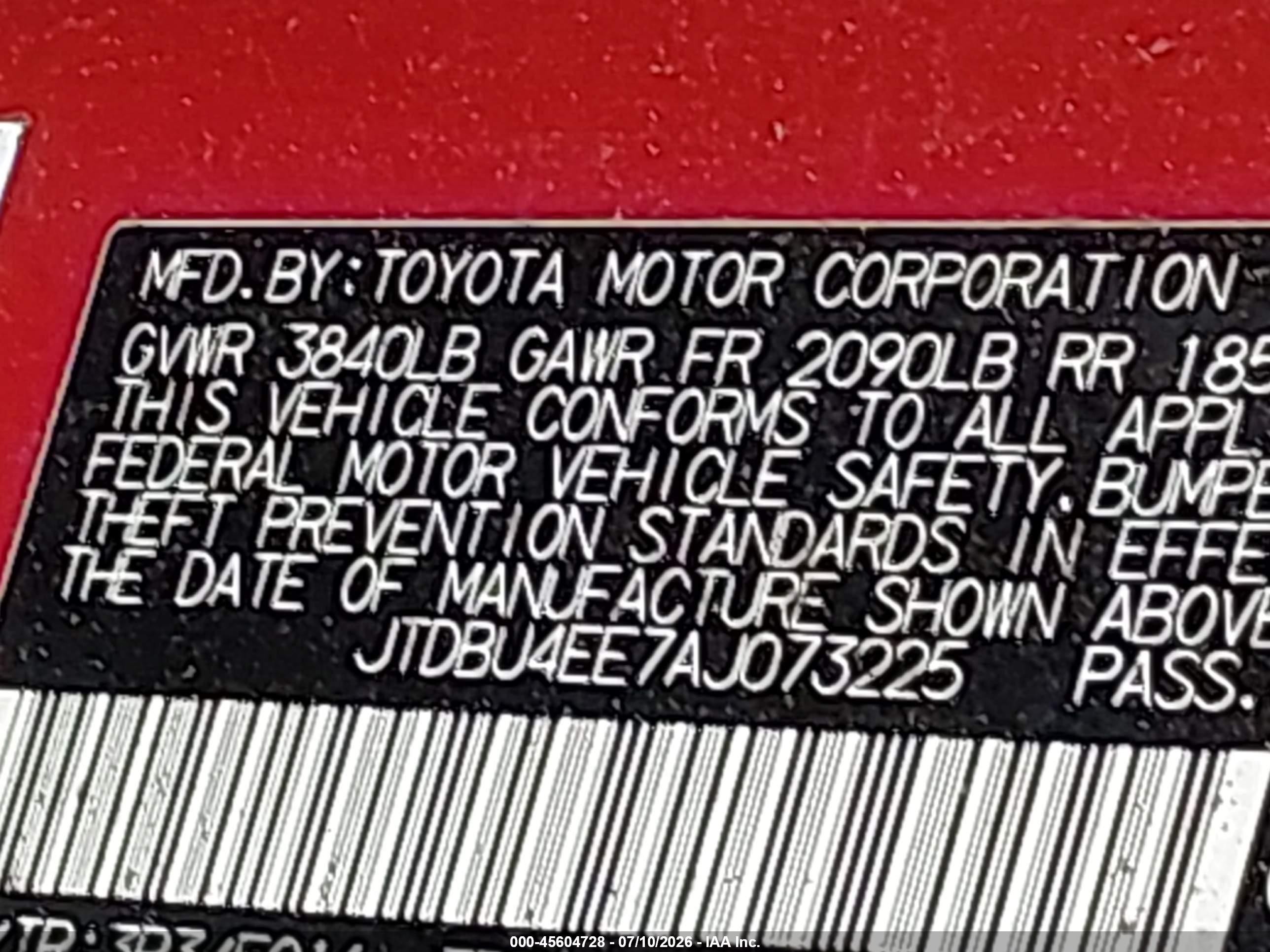 2010 Toyota Corolla Le Red vin: JTDBU4EE7AJ073225