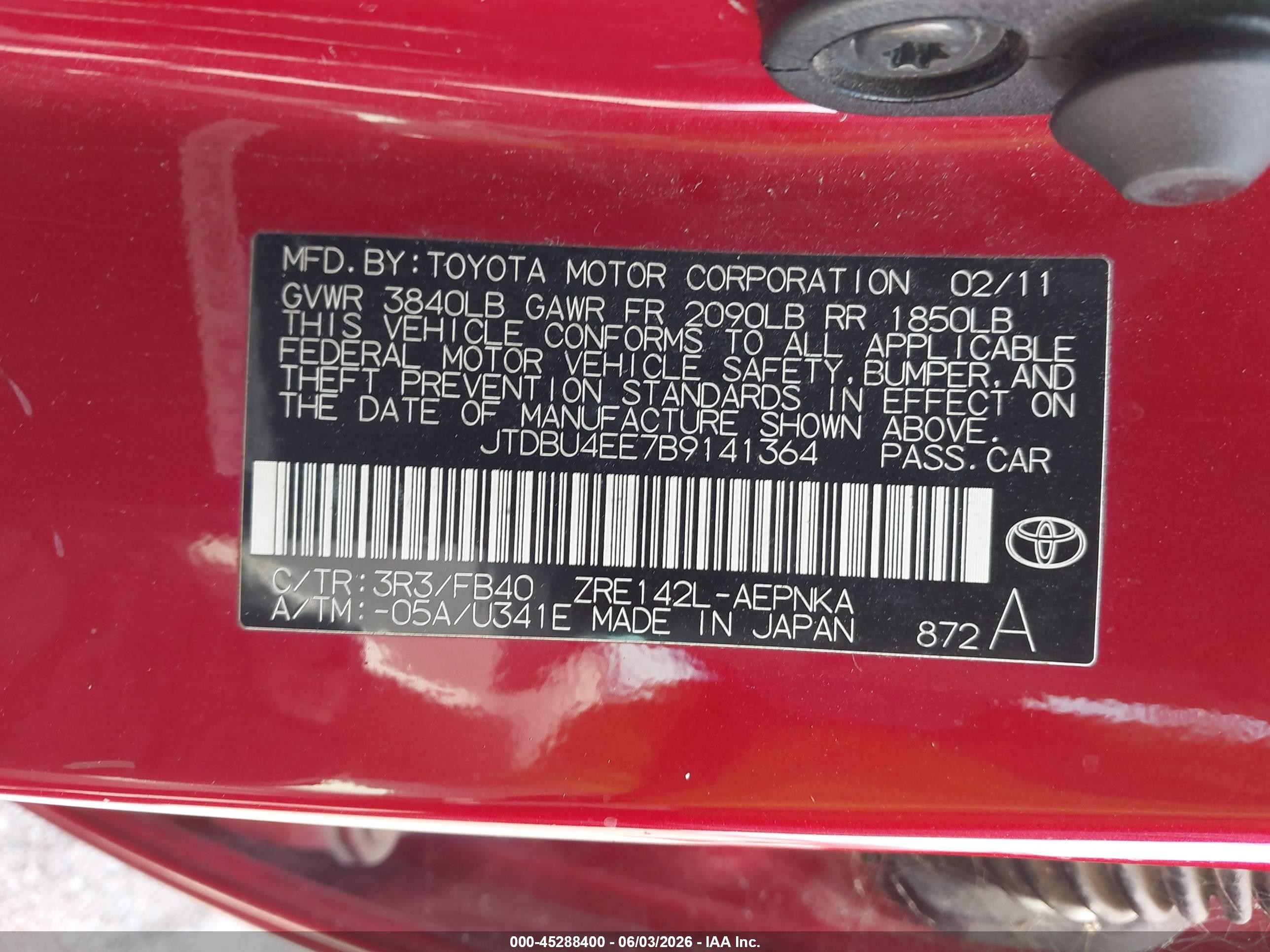 2011 Toyota Corolla Le Red vin: JTDBU4EE7B9141364