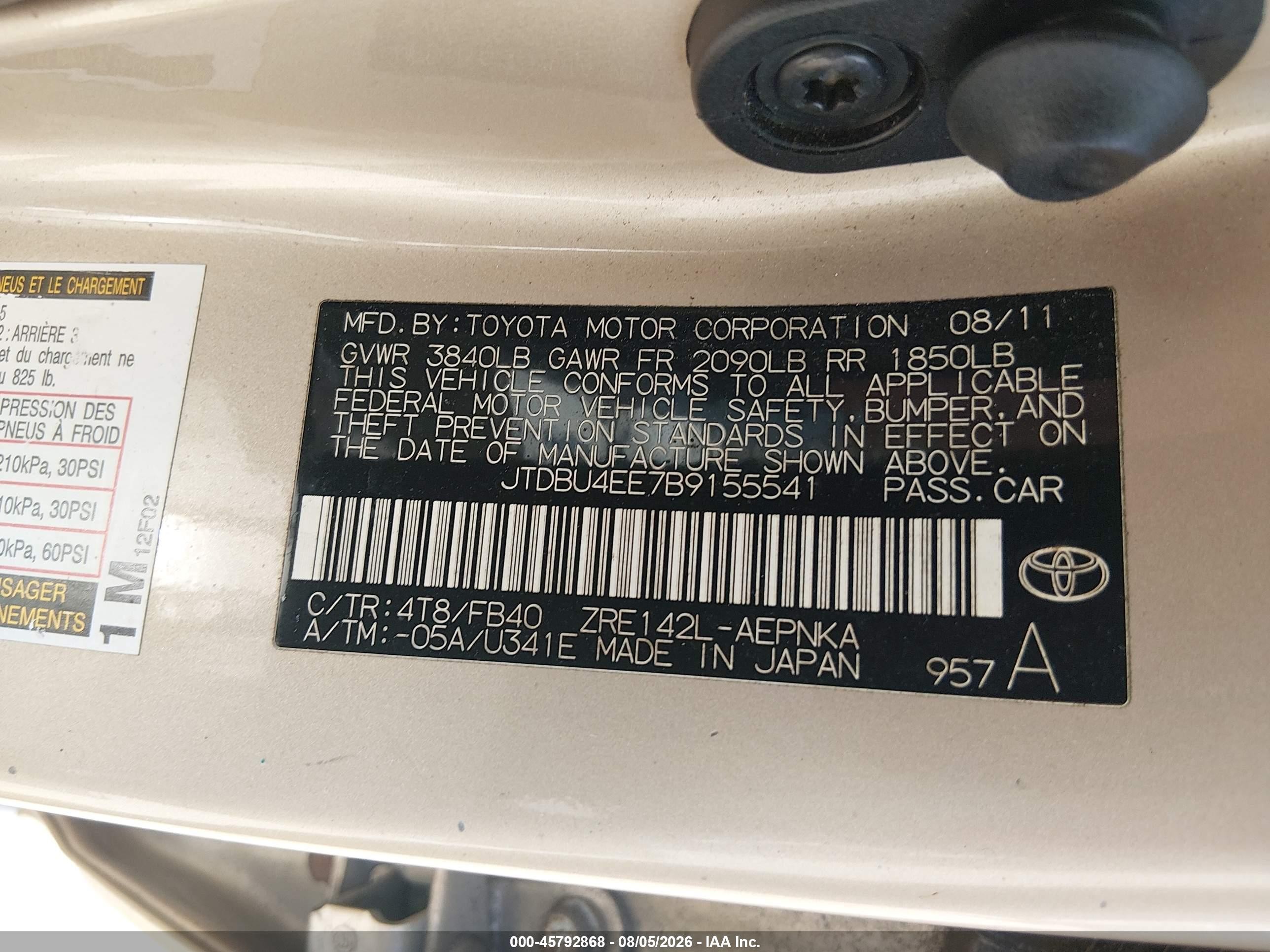 2011 Toyota Corolla Le Champagne vin: JTDBU4EE7B9155541