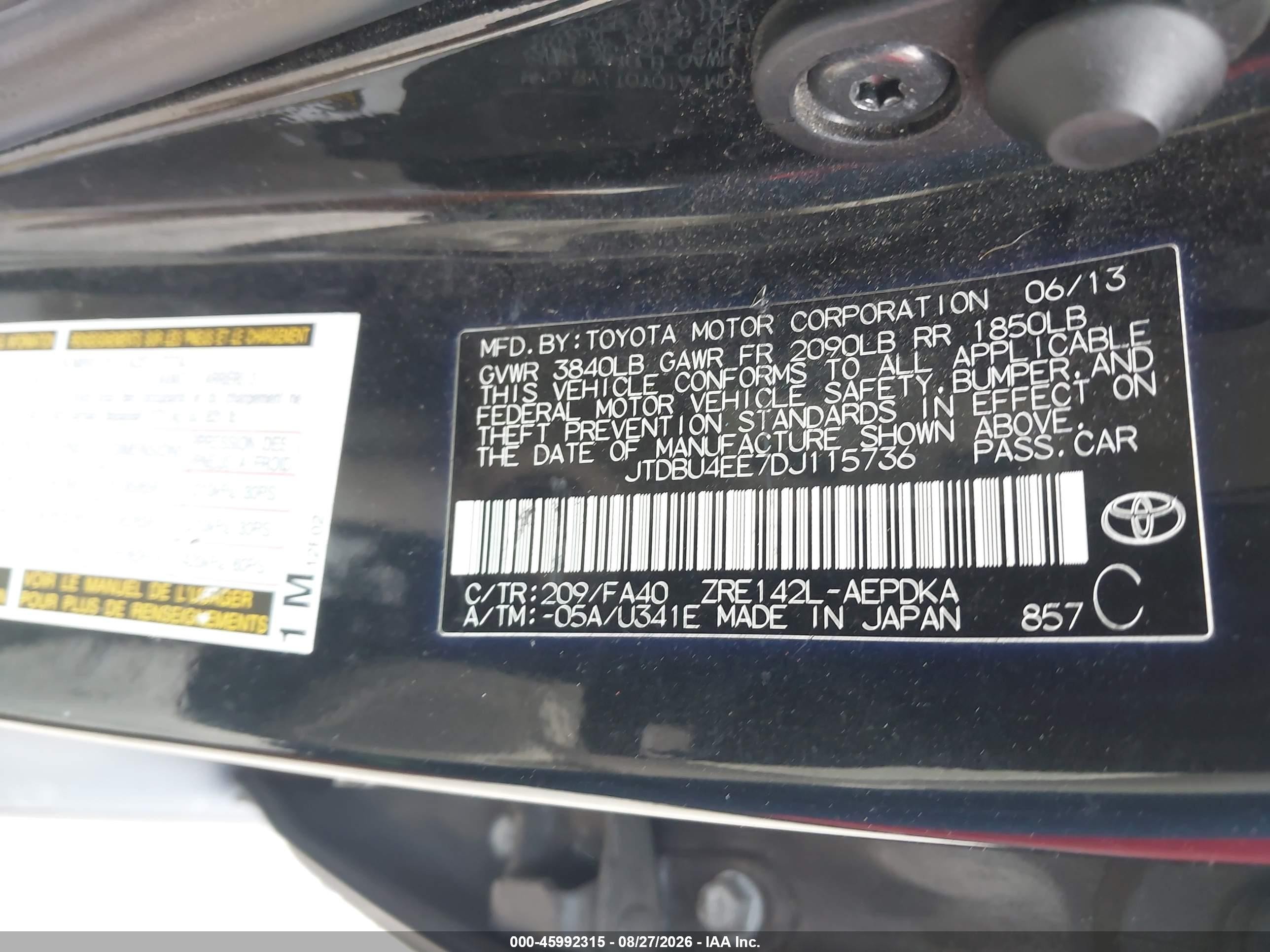 2013 Toyota Corolla L Black vin: JTDBU4EE7DJ115736