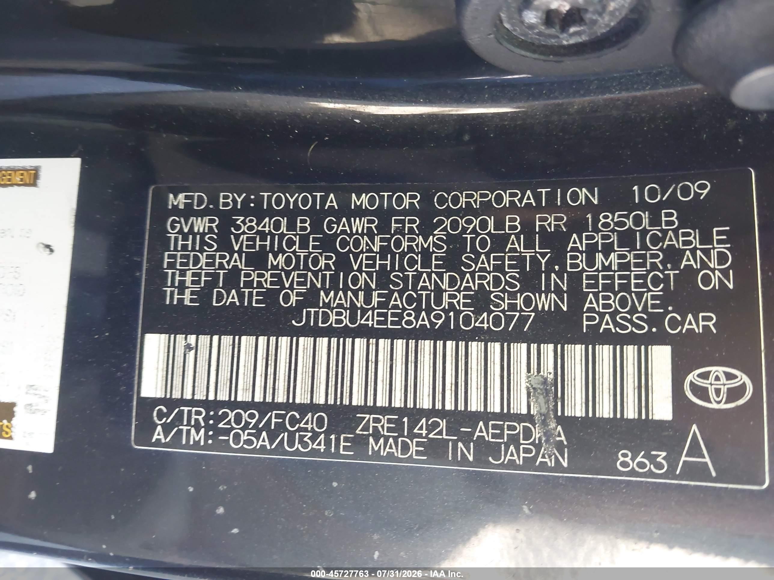 2010 Toyota Corolla Le Black vin: JTDBU4EE8A9104077