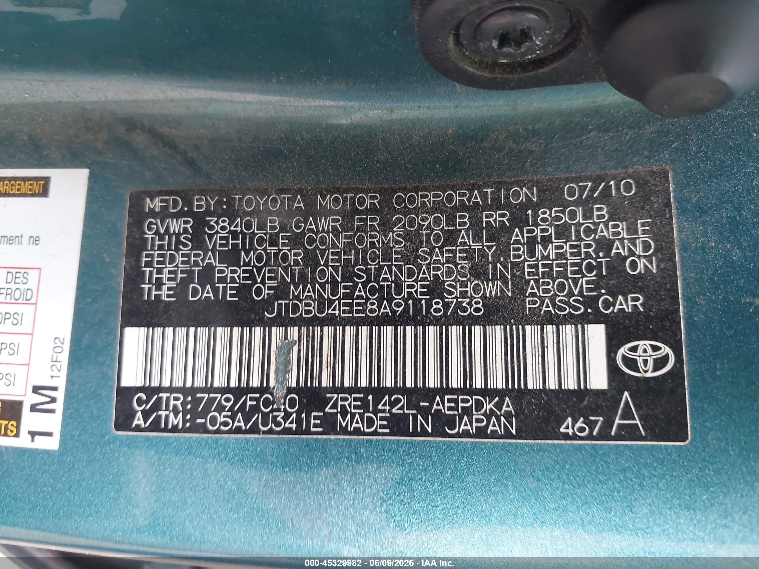 2010 Toyota Corolla Le Teal vin: JTDBU4EE8A9118738