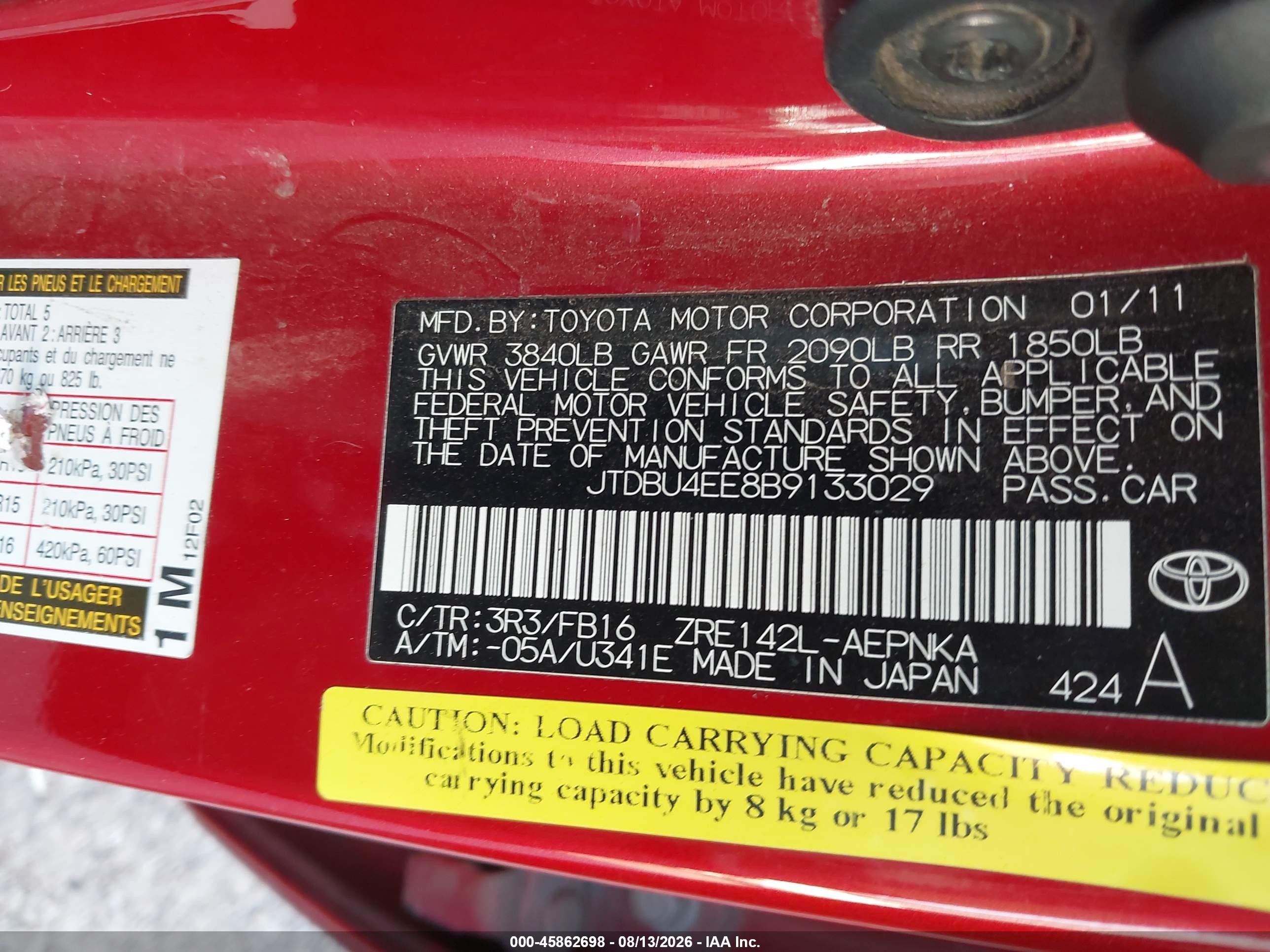 2011 Toyota Corolla Le Red vin: JTDBU4EE8B9133029