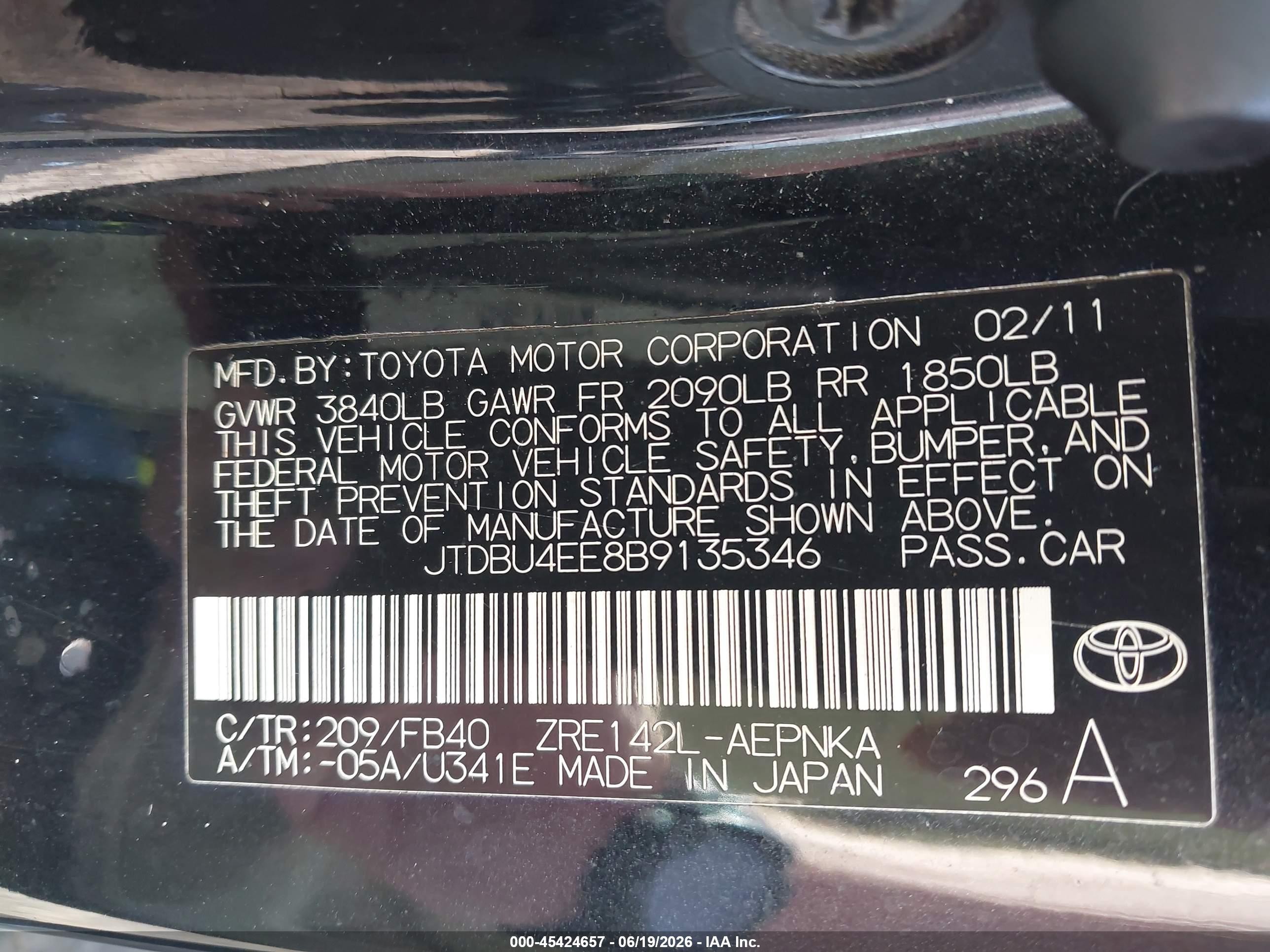 2011 Toyota Corolla Le Black vin: JTDBU4EE8B9135346