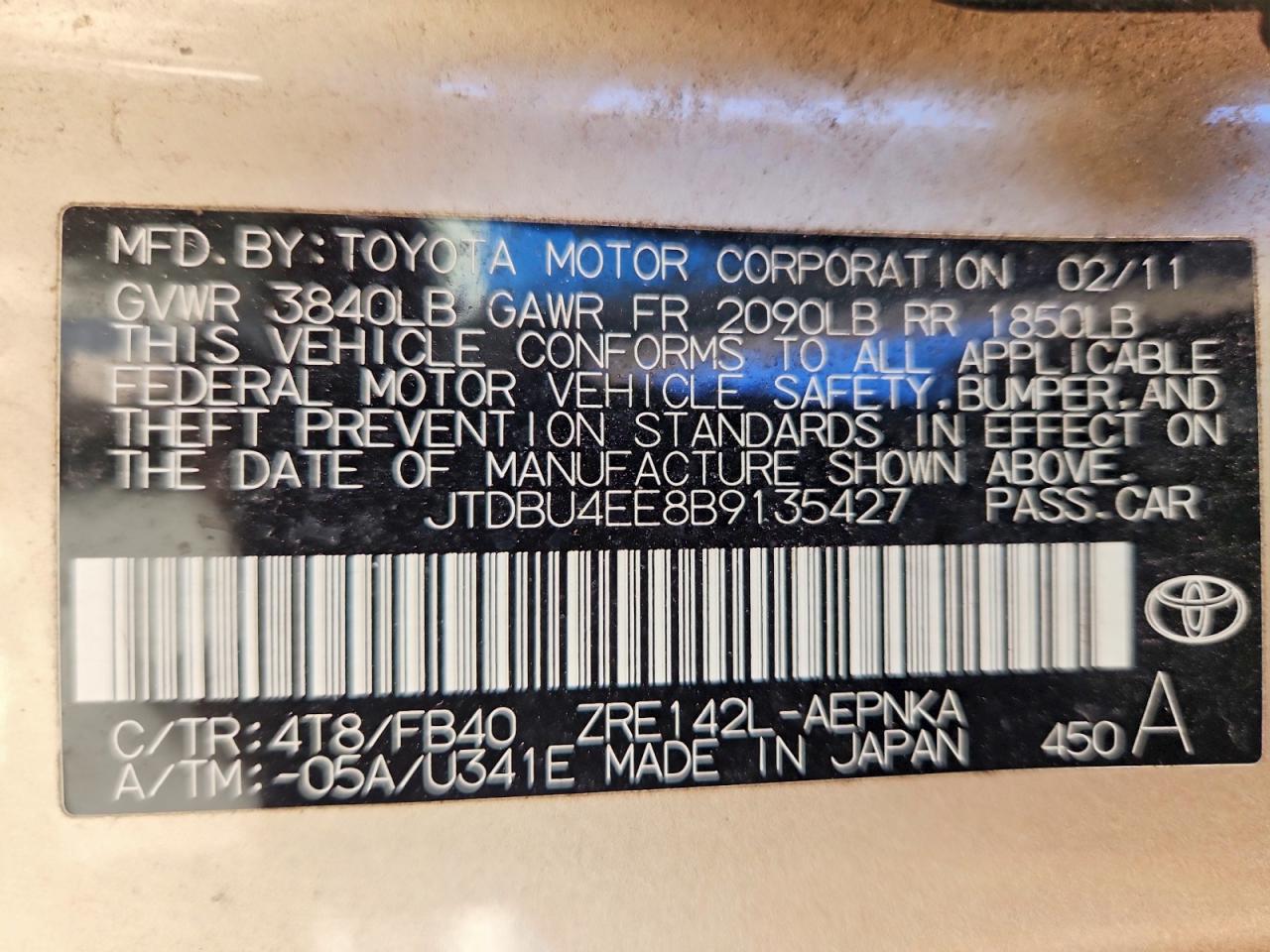 2011 Toyota Corolla Le Золотой vin: JTDBU4EE8B9135427