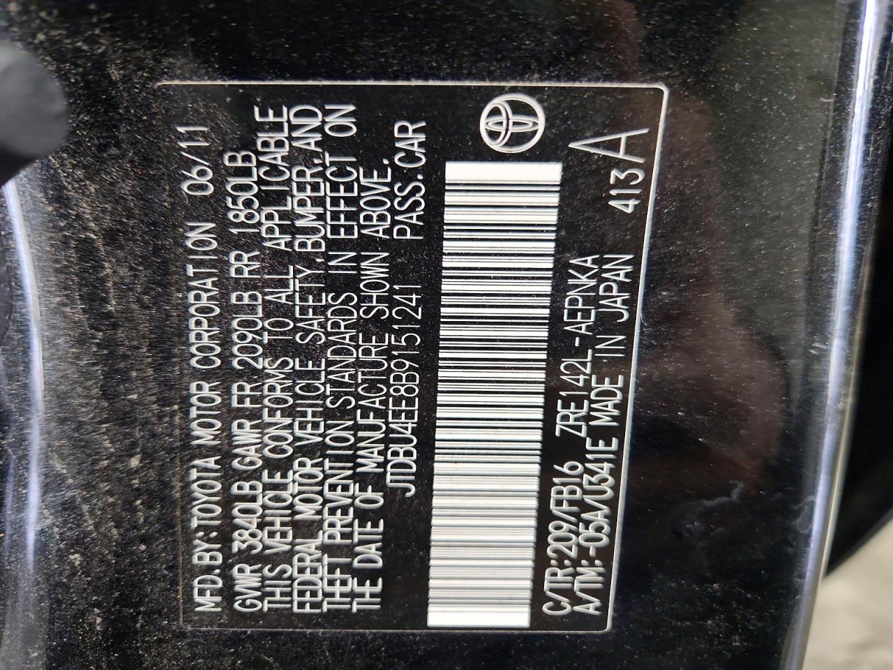 2011 Toyota Corolla Le Black vin: JTDBU4EE8B9151241