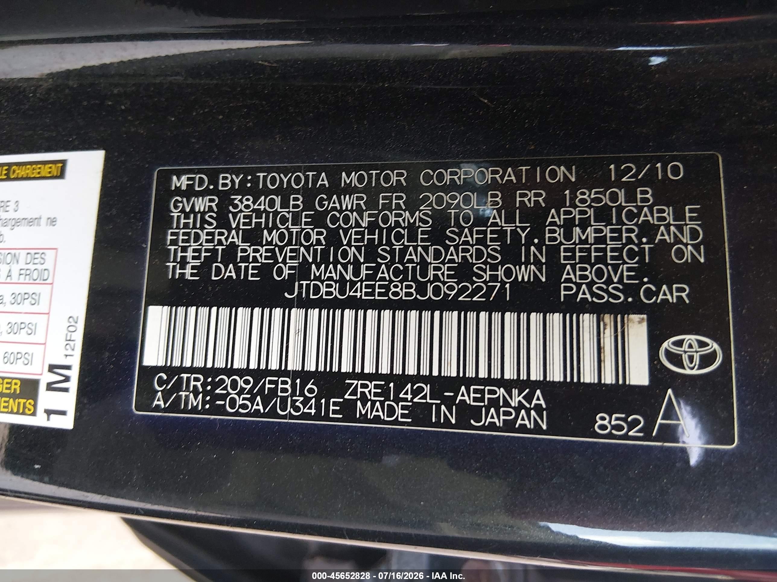2011 Toyota Corolla Le Black vin: JTDBU4EE8BJ092271