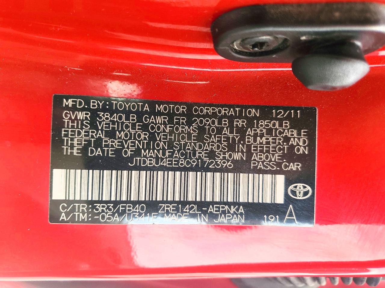 2012 Toyota Corolla Le Red vin: JTDBU4EE8C9172396