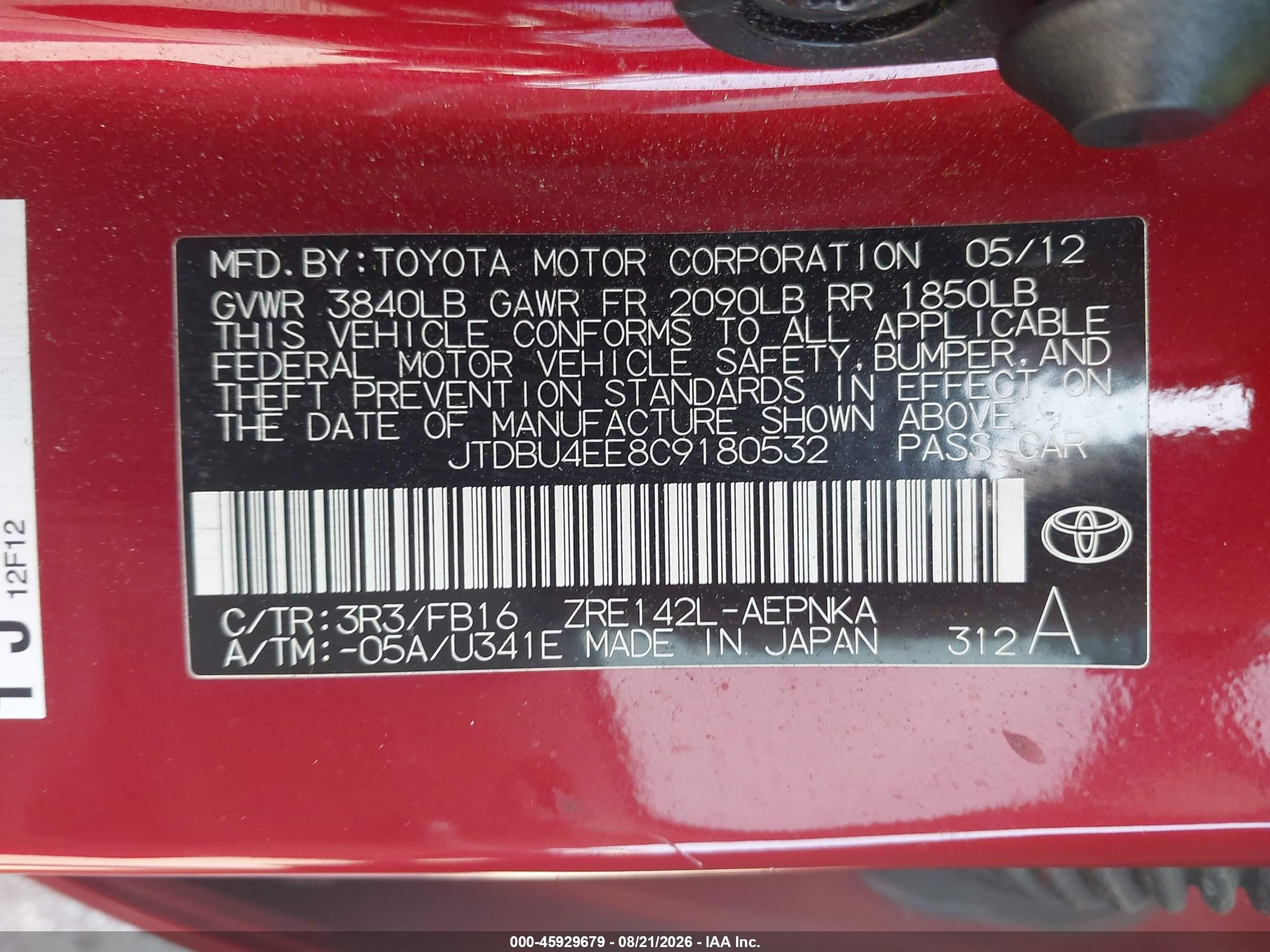 2012 Toyota Corolla Le Red vin: JTDBU4EE8C9180532