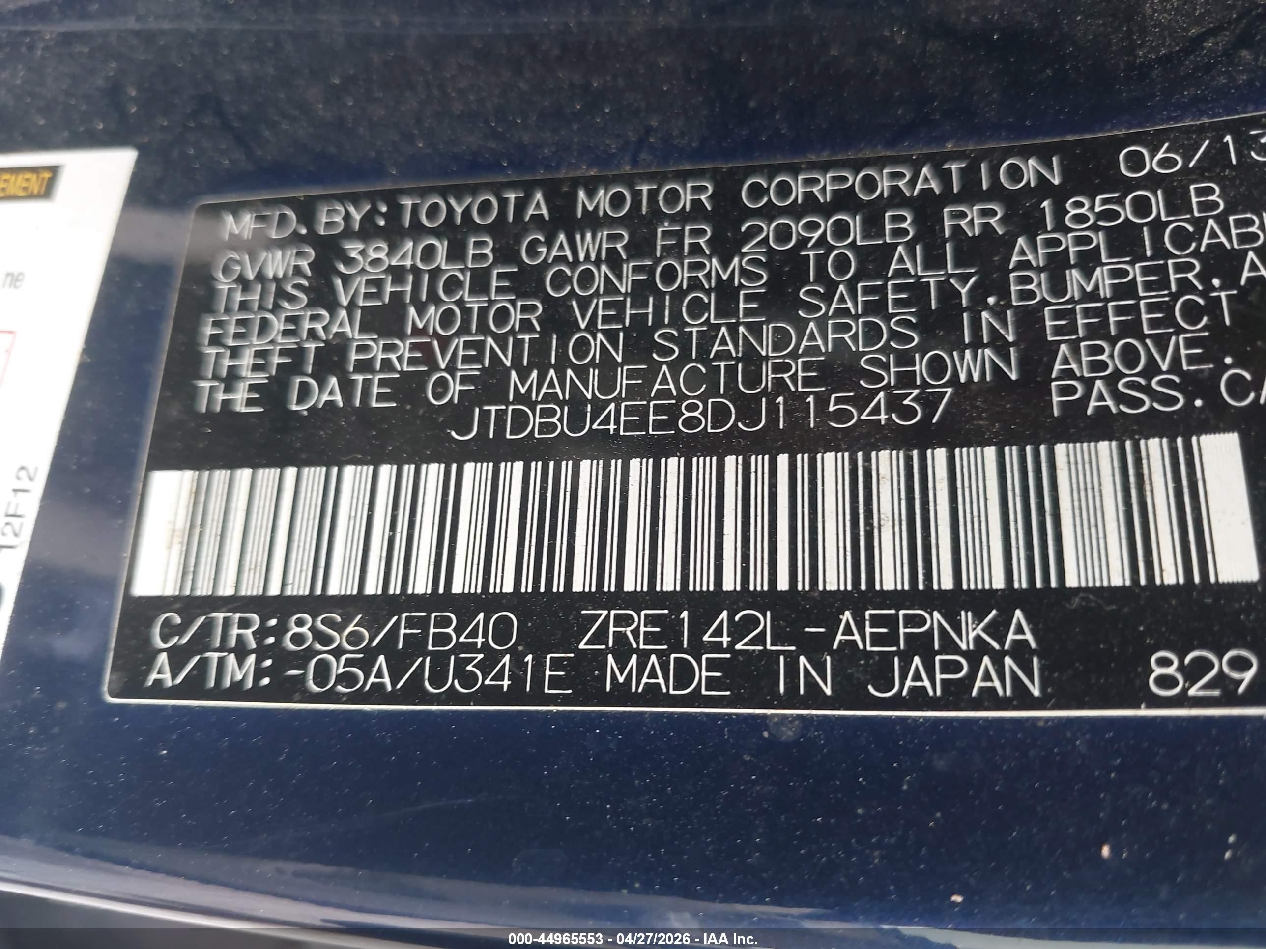2013 Toyota Corolla Le Синий vin: JTDBU4EE8DJ115437