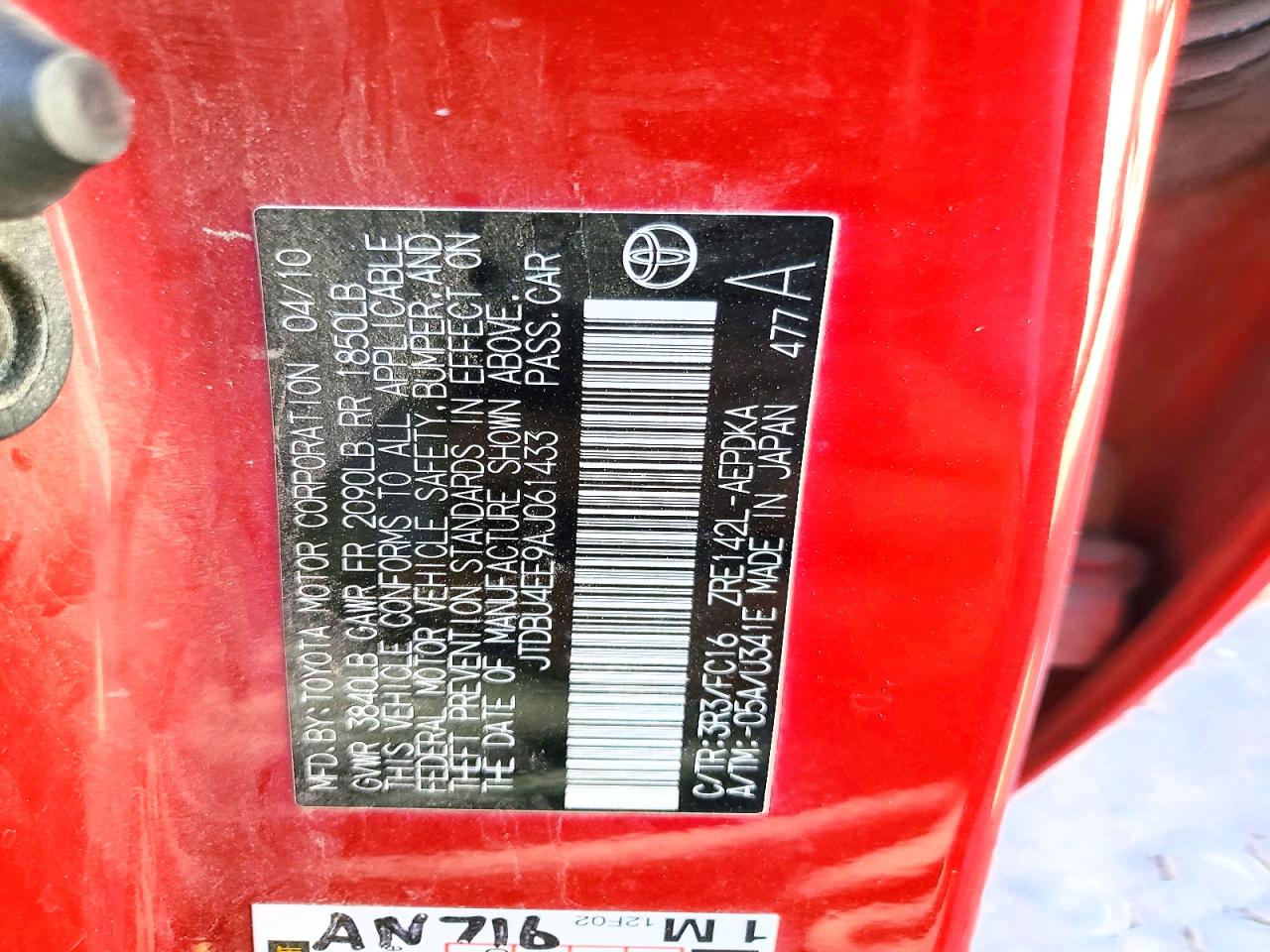 2010 Toyota Corolla Le Red vin: JTDBU4EE9AJ061433