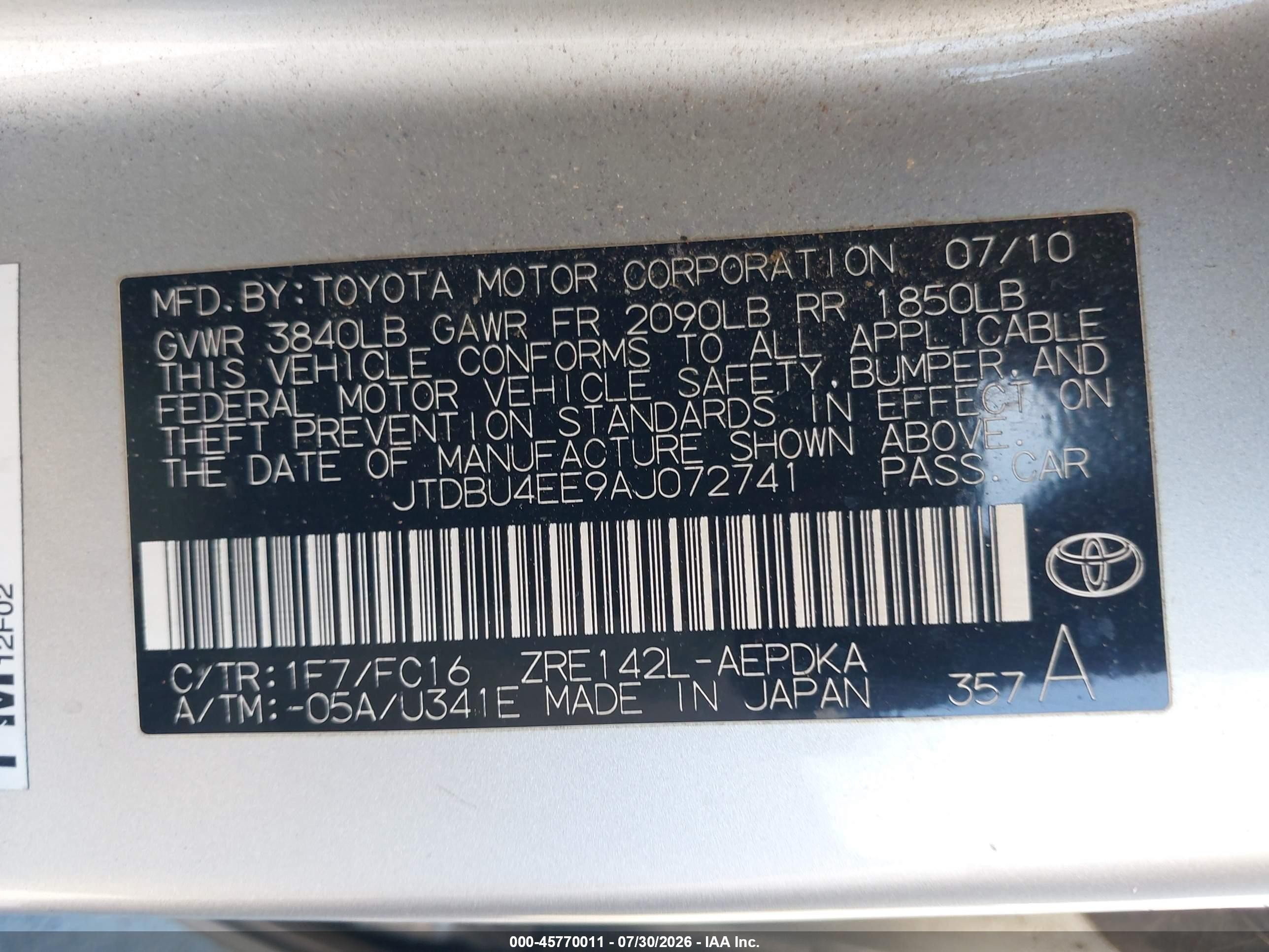 2010 Toyota Corolla Le Silver vin: JTDBU4EE9AJ072741