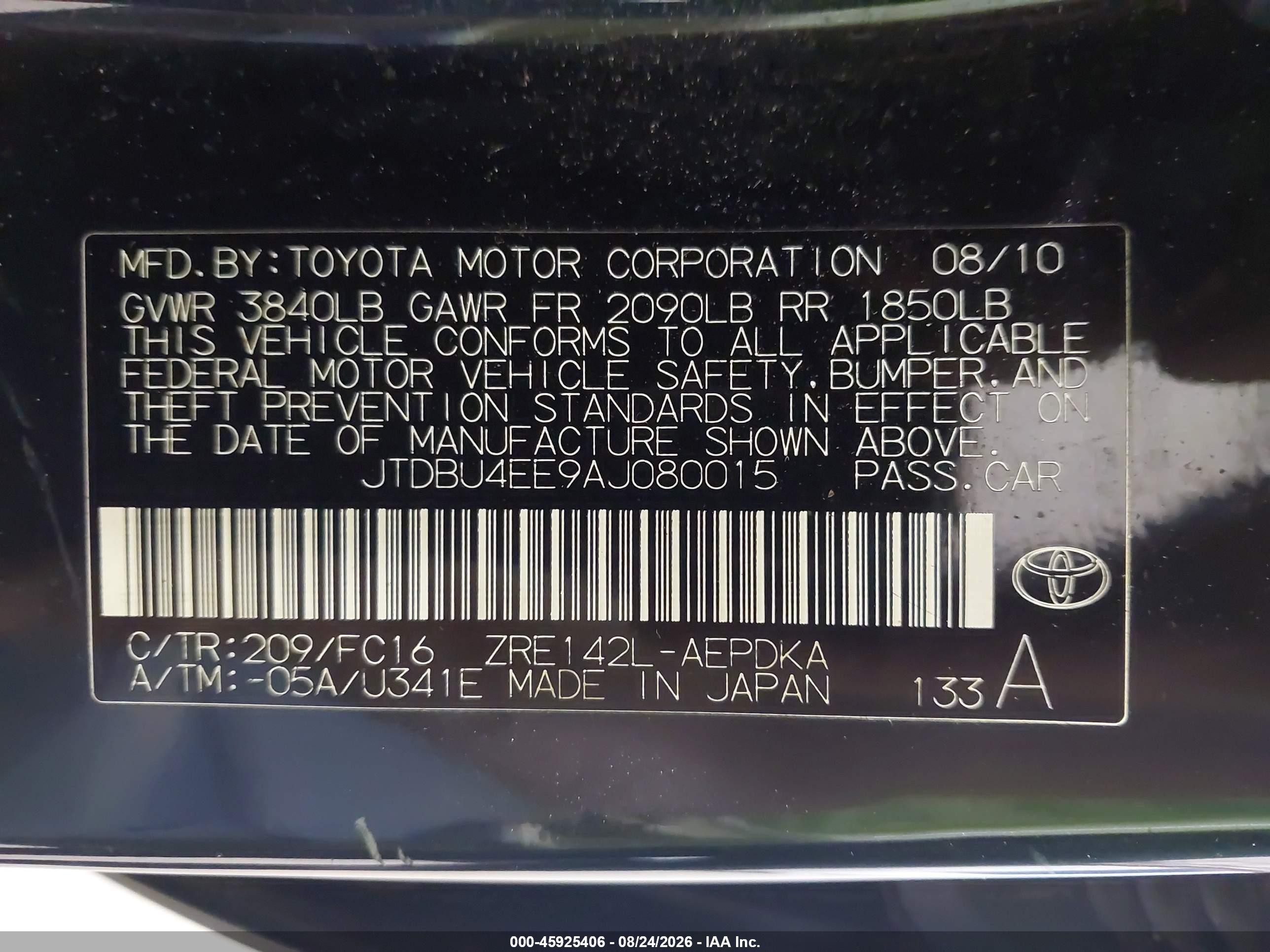 2010 Toyota Corolla Le Black vin: JTDBU4EE9AJ080015