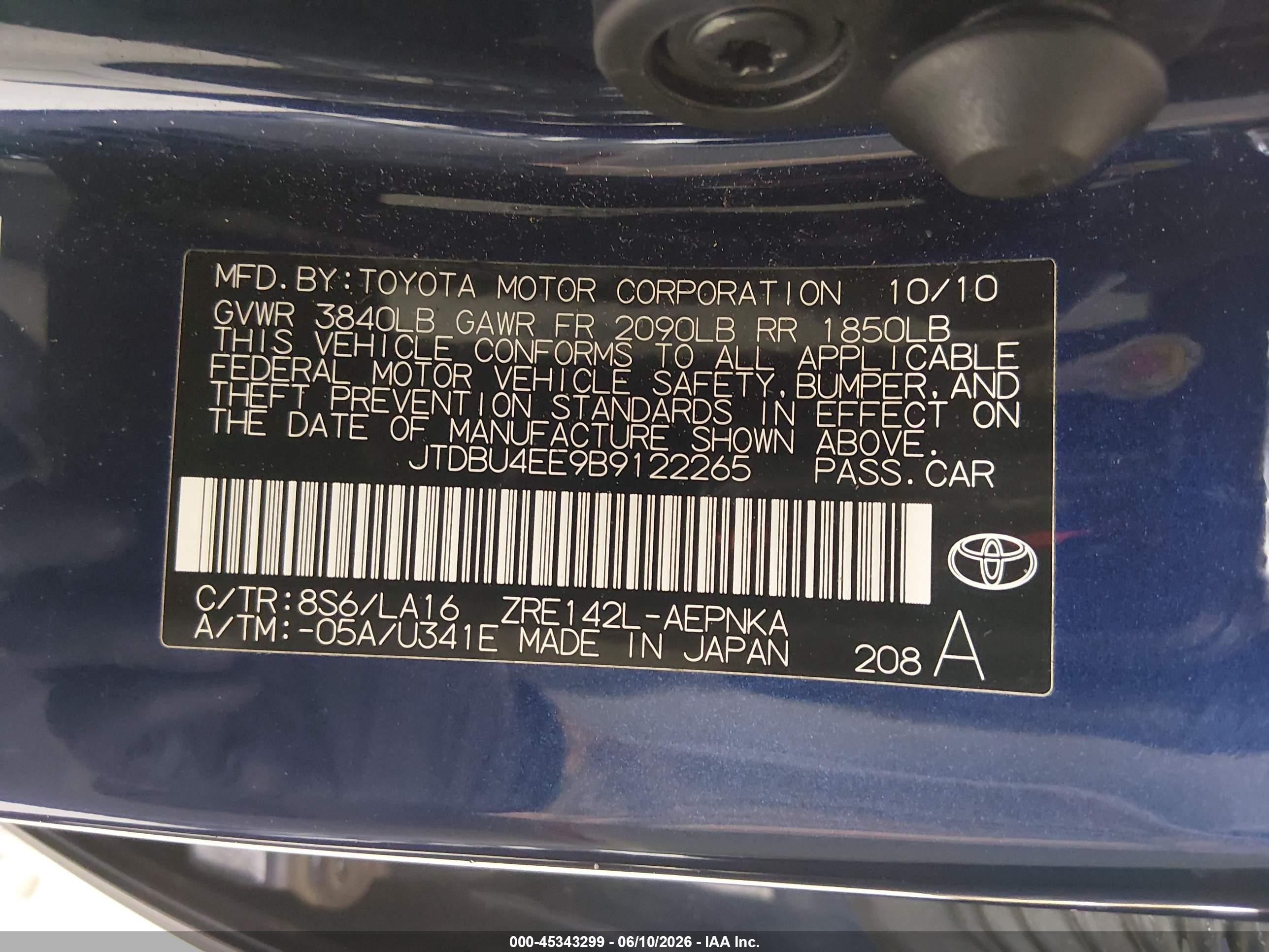 2011 Toyota Corolla Le/s Blue vin: JTDBU4EE9B9122265