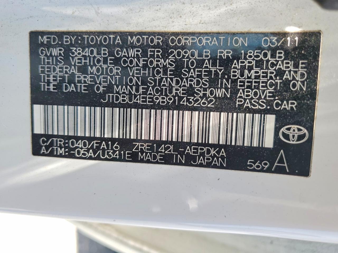2011 Toyota Corolla Base White vin: JTDBU4EE9B9143262