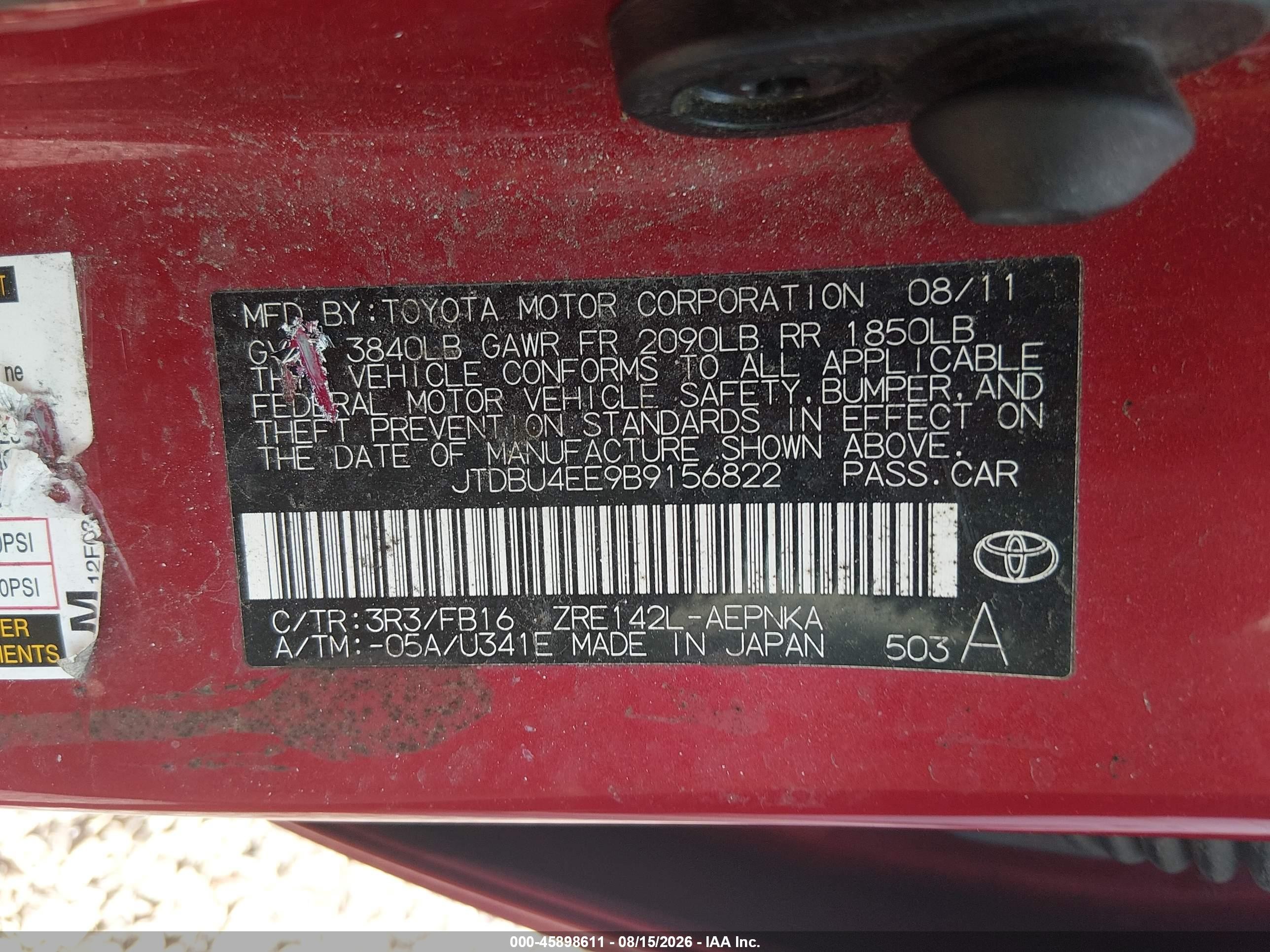 2011 Toyota Corolla Le Red vin: JTDBU4EE9B9156822