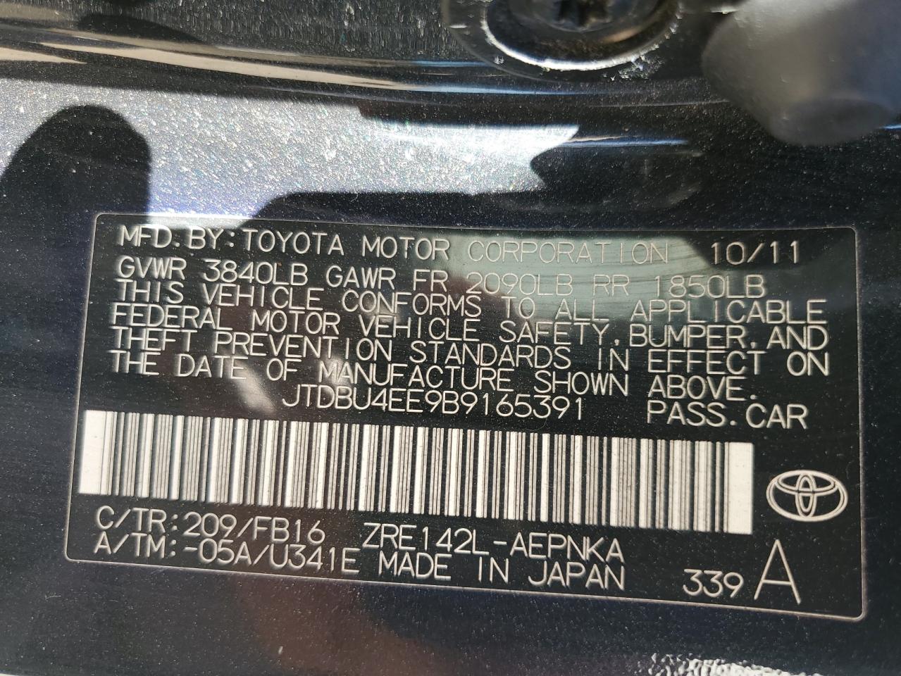 2011 Toyota Carrolla Black vin: JTDBU4EE9B9165391