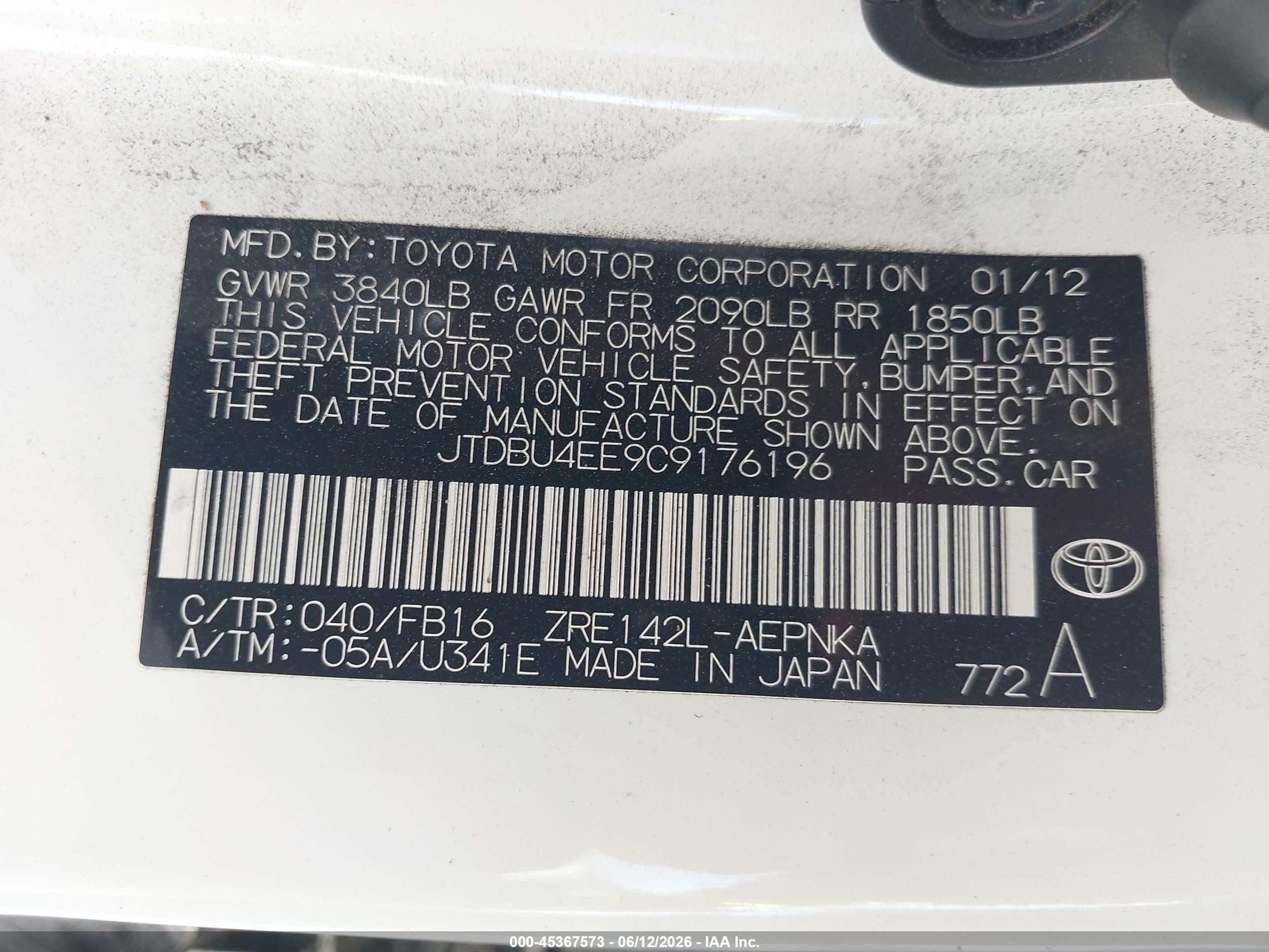 2012 Toyota Corolla Le White vin: JTDBU4EE9C9176196