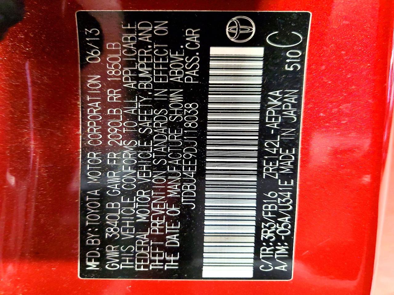 2013 Toyota Corolla Le Red vin: JTDBU4EE9DJ118038