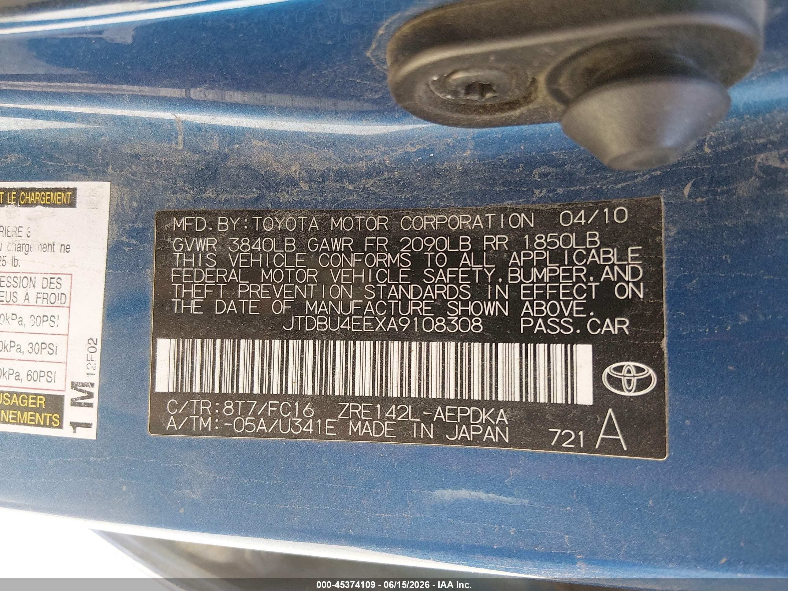 2010 Toyota Corolla Le Blue vin: JTDBU4EEXA9108308