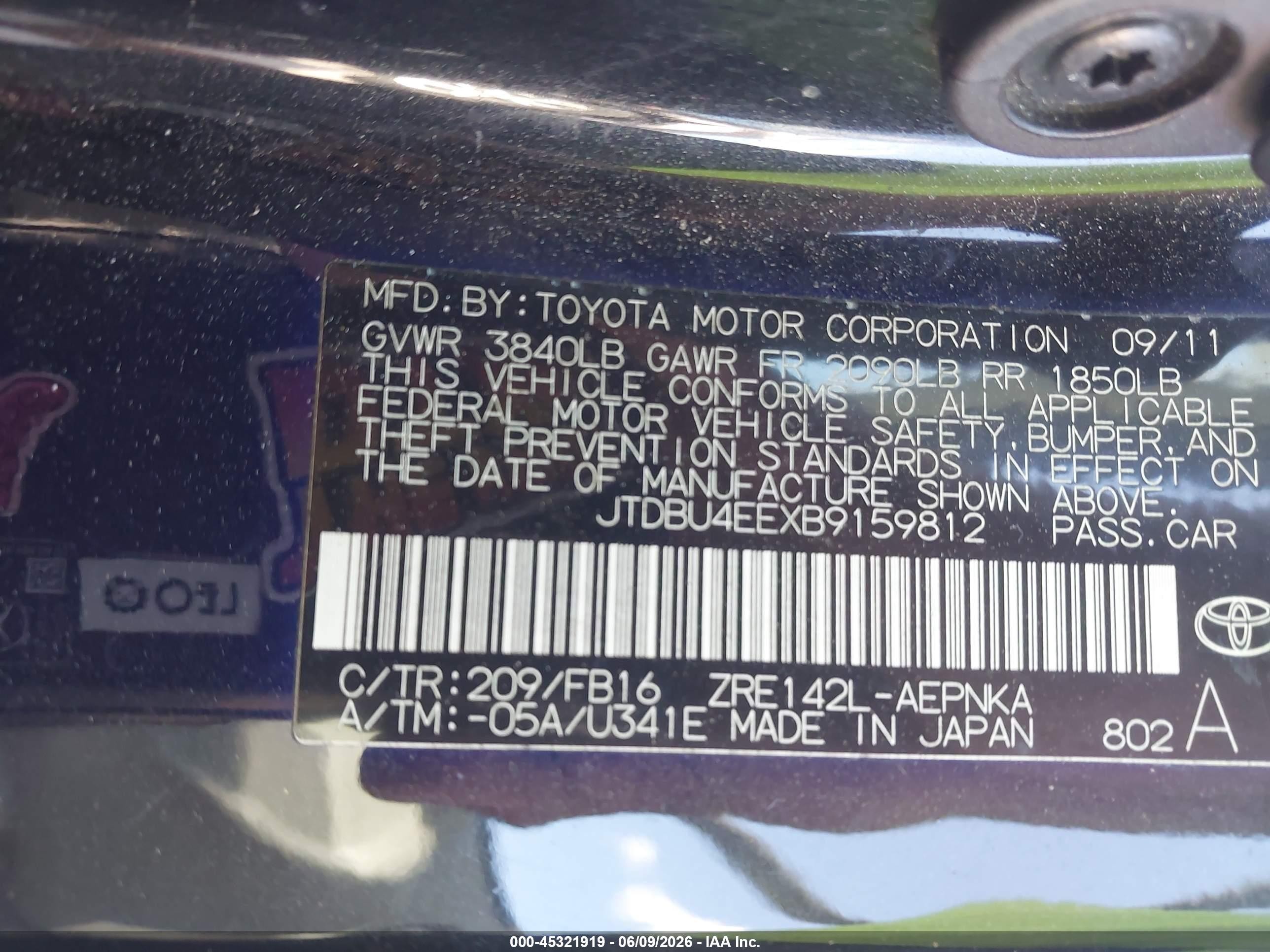 2011 Toyota Corolla Le Black vin: JTDBU4EEXB9159812
