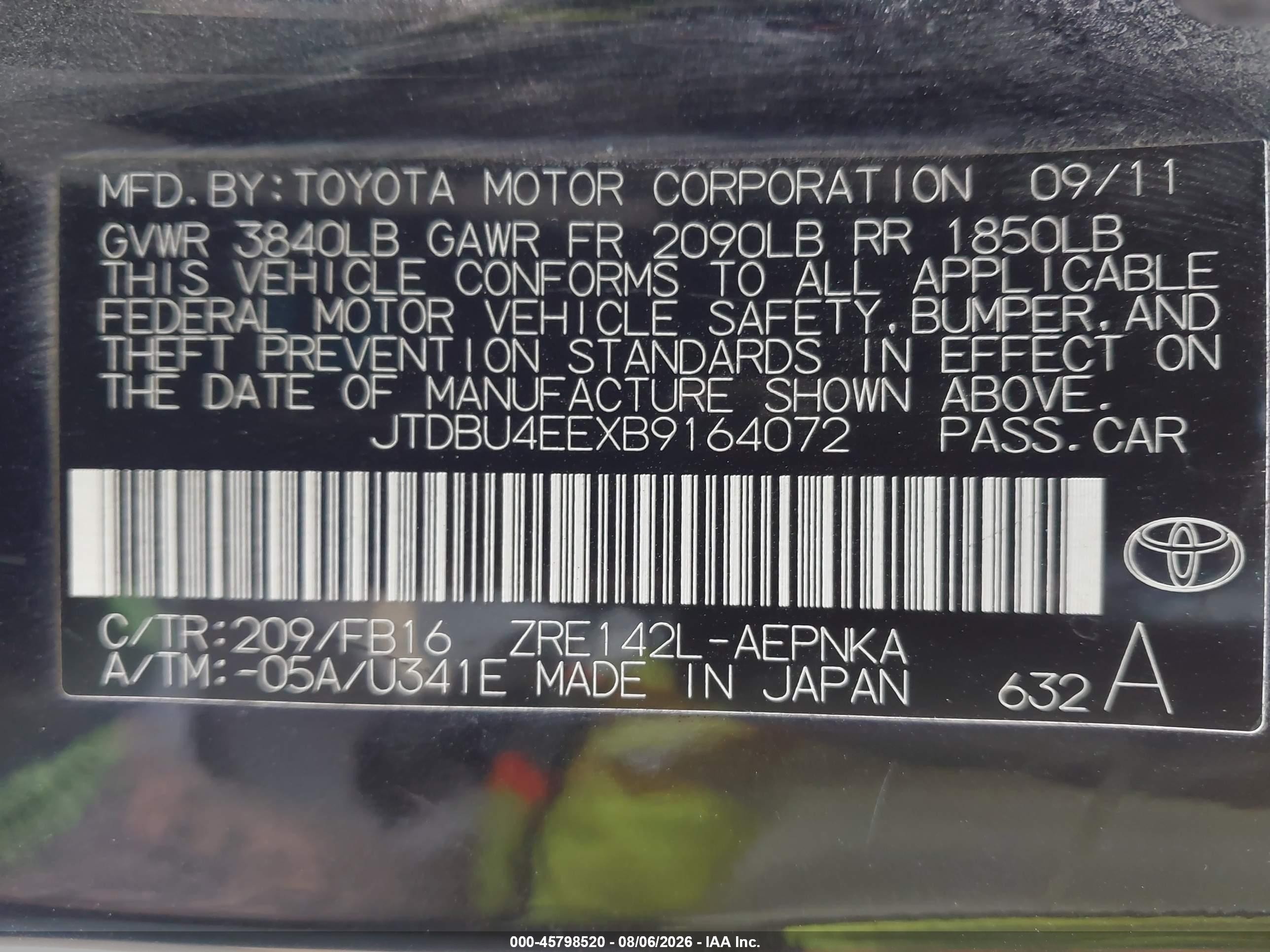 2011 Toyota Corolla Le Black vin: JTDBU4EEXB9164072