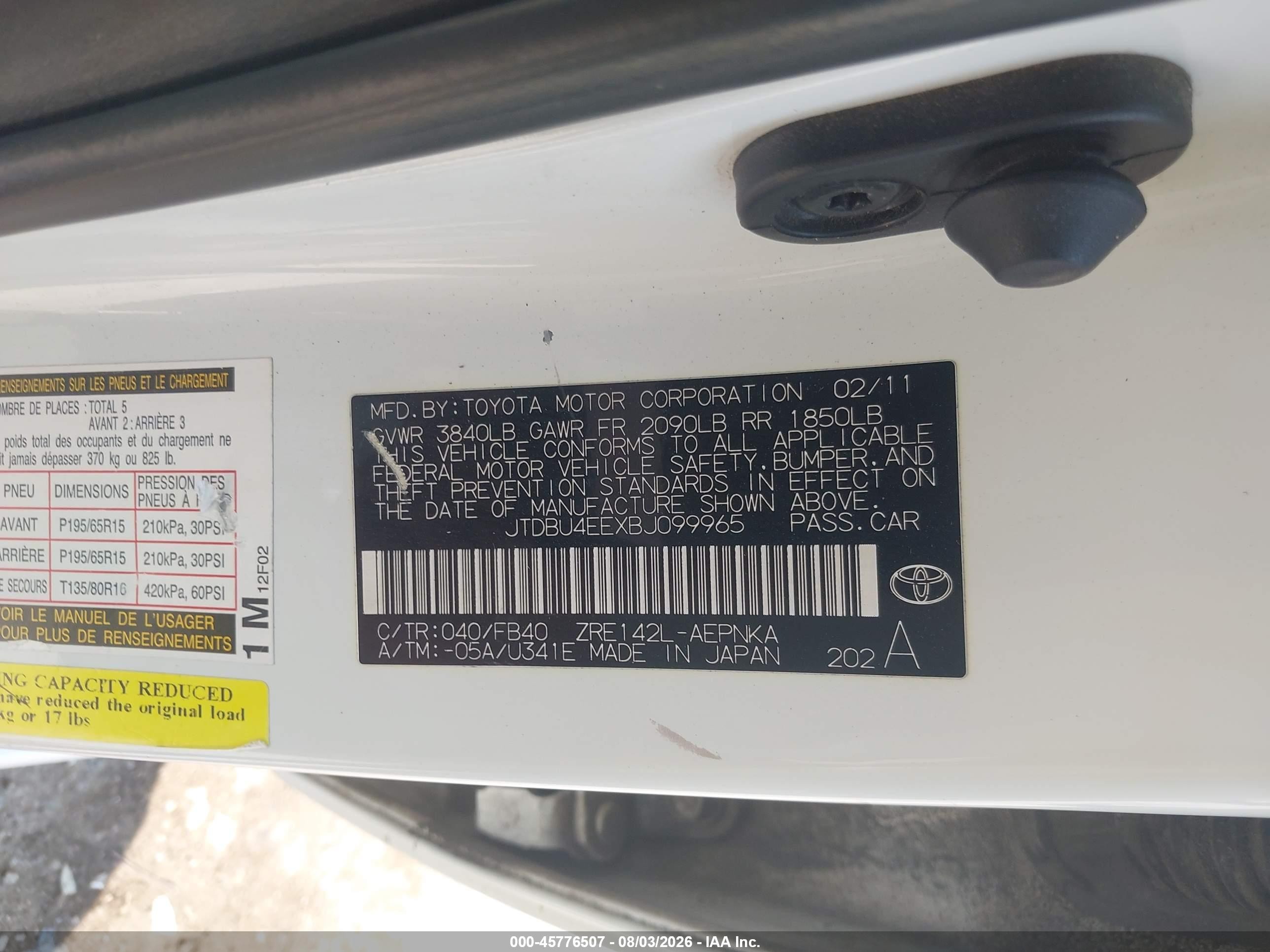 2011 Toyota Corolla Le White vin: JTDBU4EEXBJ099965