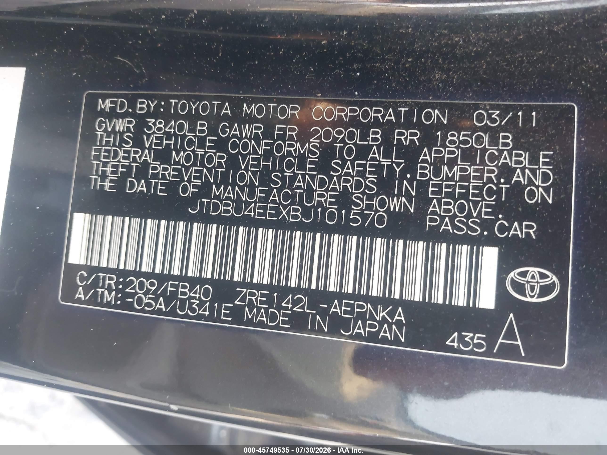 2011 Toyota Corolla Le Black vin: JTDBU4EEXBJ101570