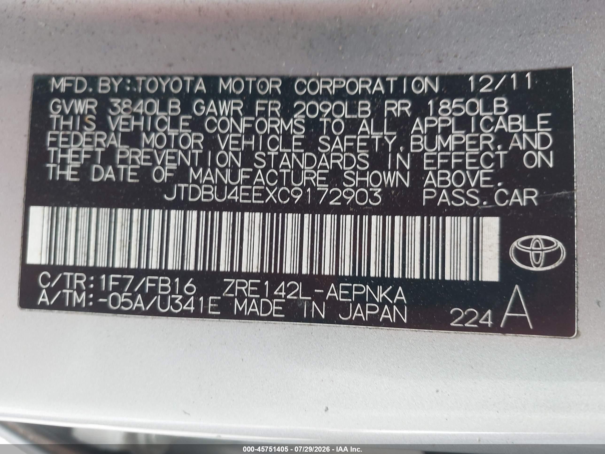 2012 Toyota Corolla Le Silver vin: JTDBU4EEXC9172903