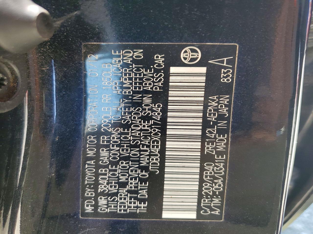 2012 Toyota Corolla Le Black vin: JTDBU4EEXC9174845