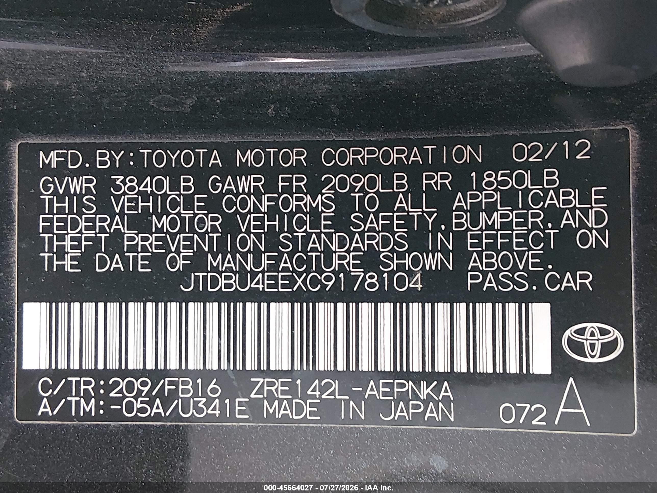 2012 Toyota Corolla Le Black vin: JTDBU4EEXC9178104