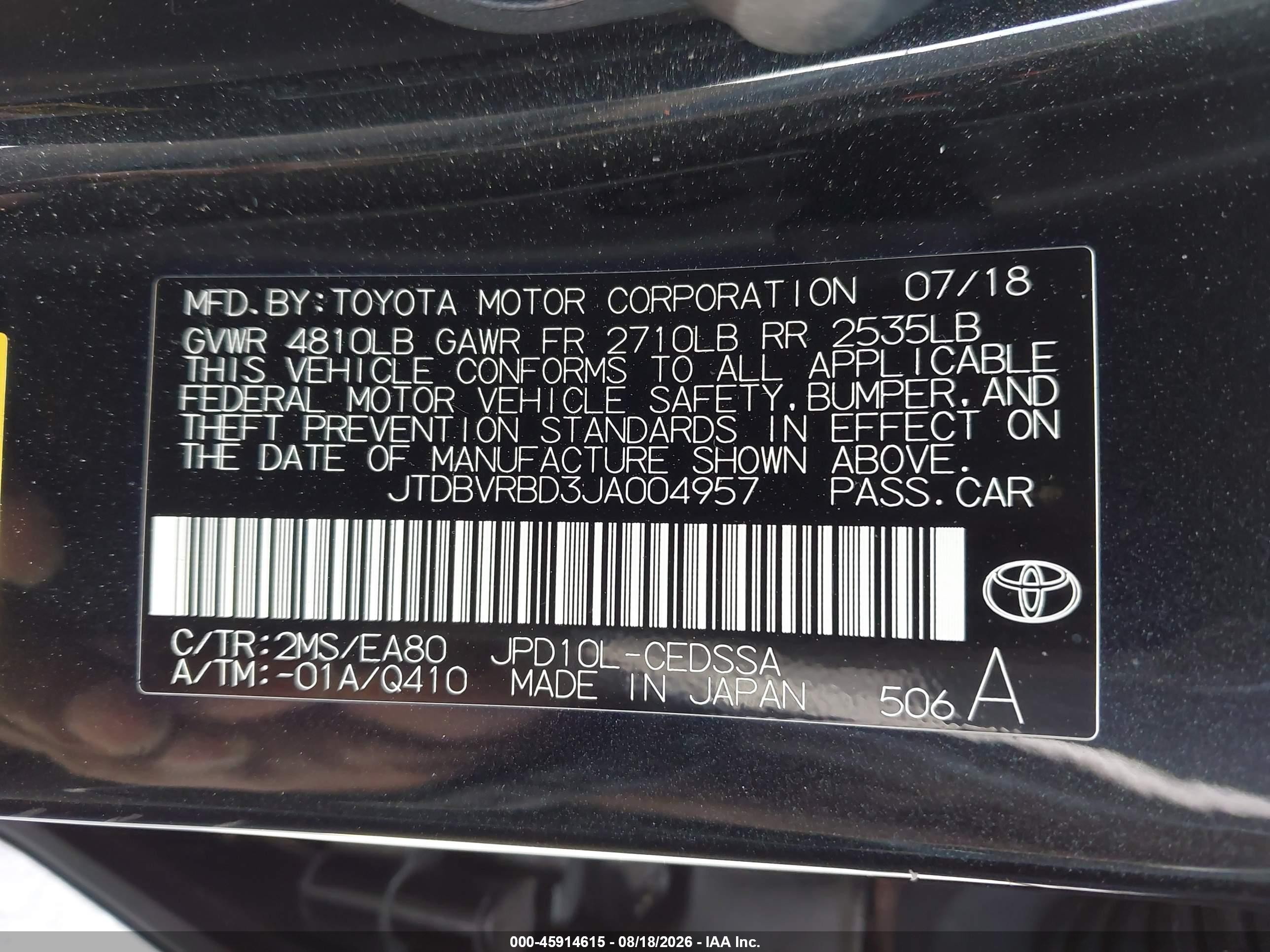 2018 Toyota Mirai   Black vin: JTDBVRBD3JA004957