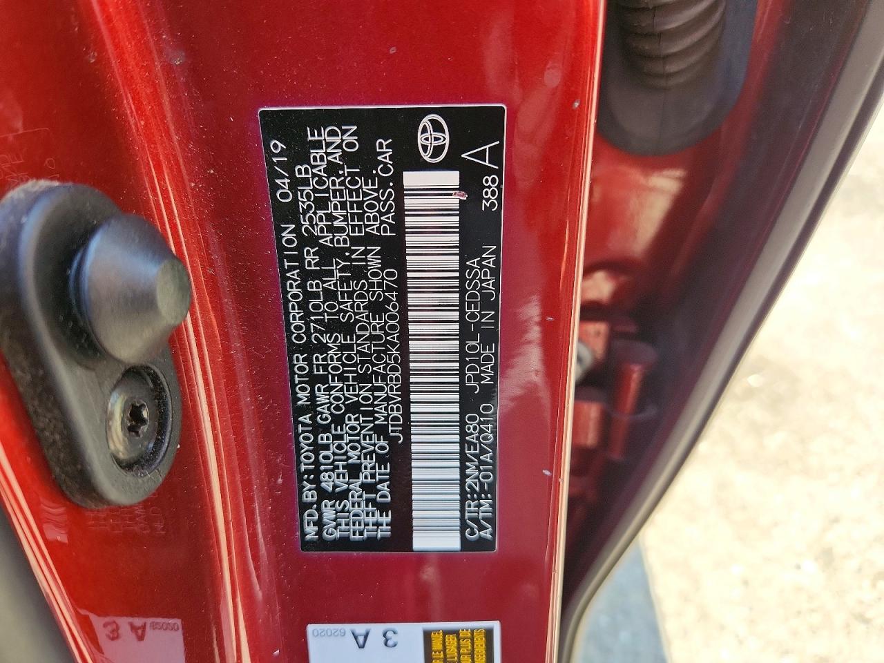 2019 Toyota Mirai Base Burgundy vin: JTDBVRBD5KA006470