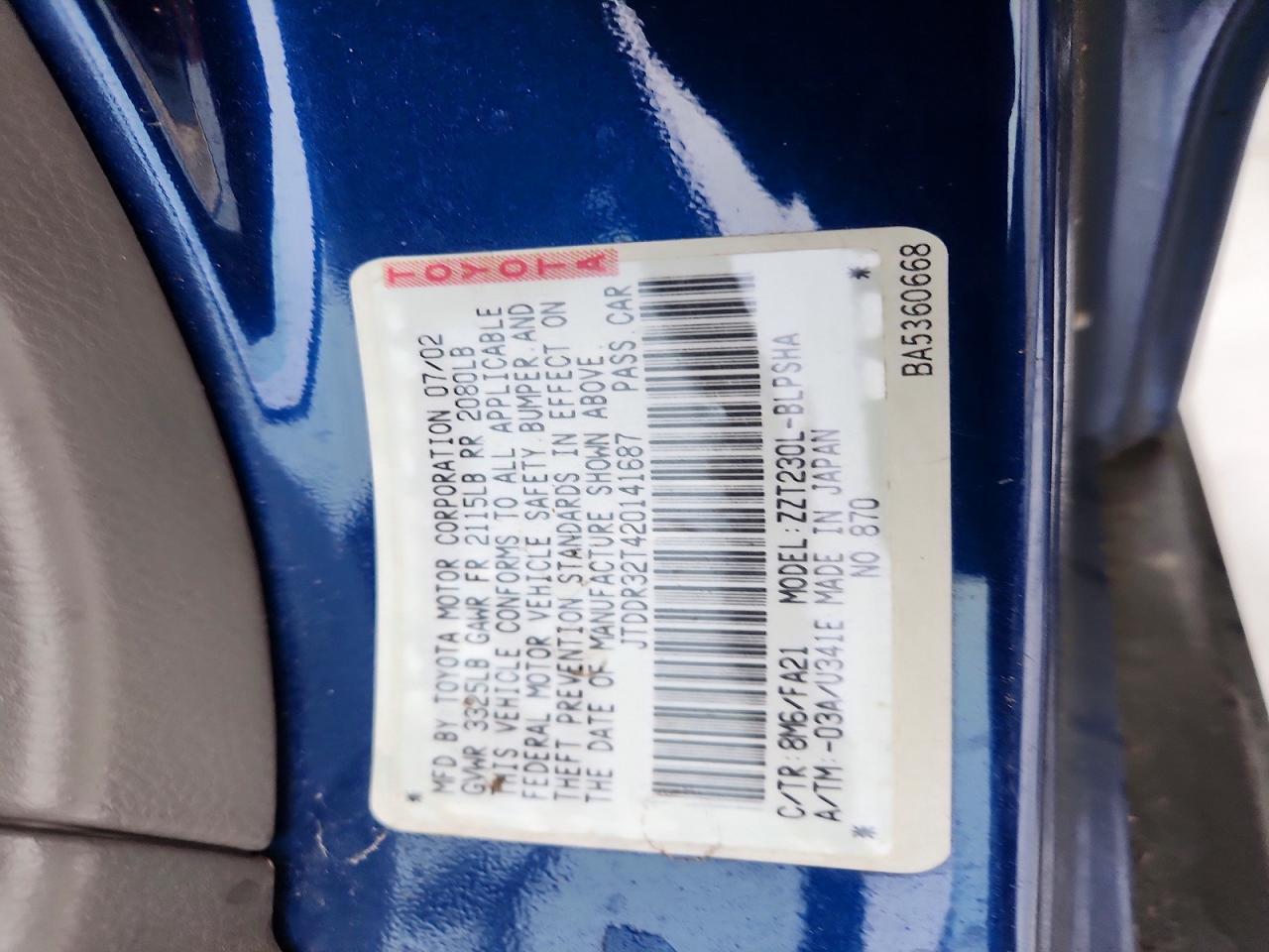 2002 Toyota Celica Gt Blue vin: JTDDR32T420141687