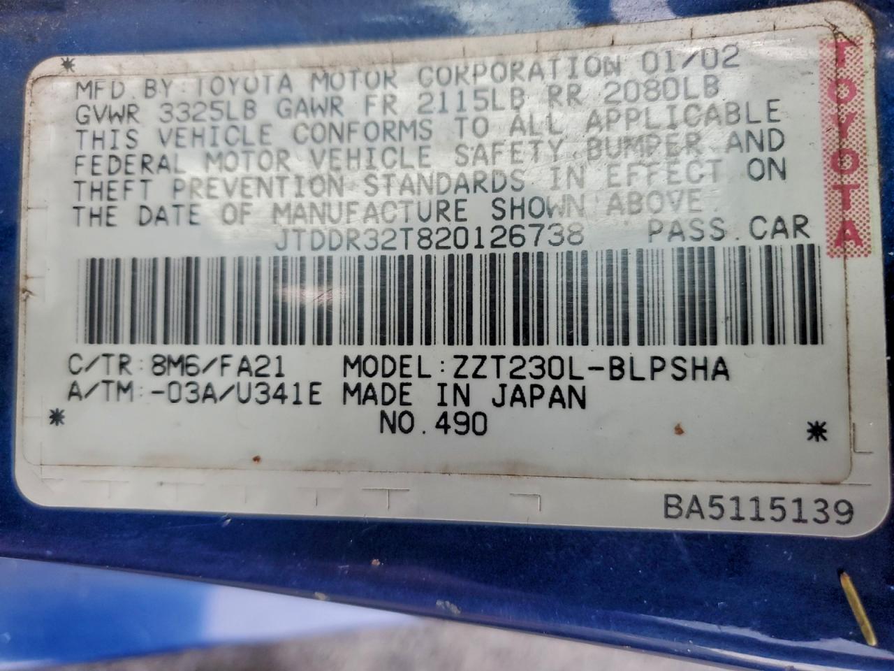 2002 Toyota Celica Gt Blue vin: JTDDR32T820126738