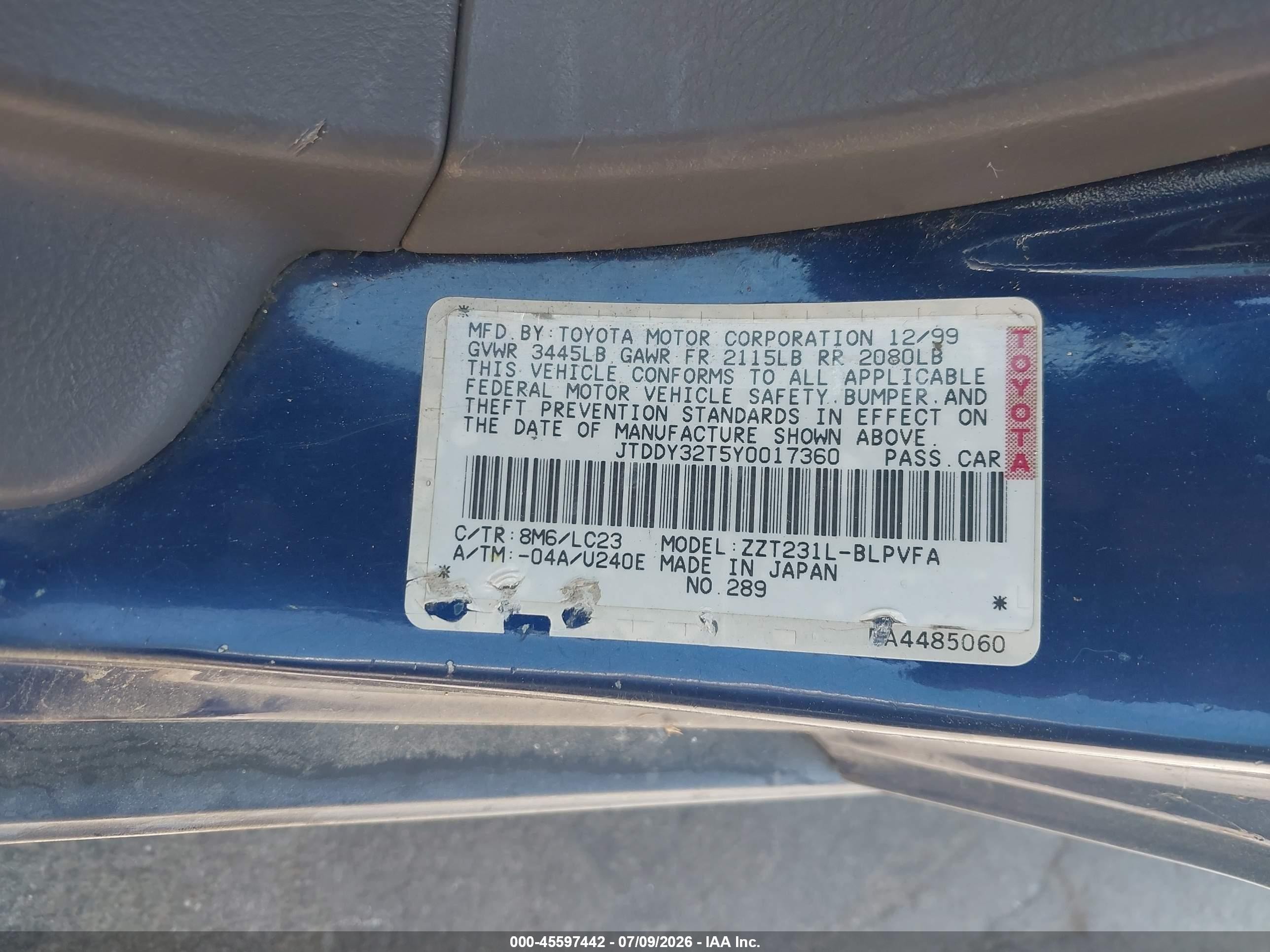 2000 Toyota Celica Gts Blue vin: JTDDY32T5Y0017360