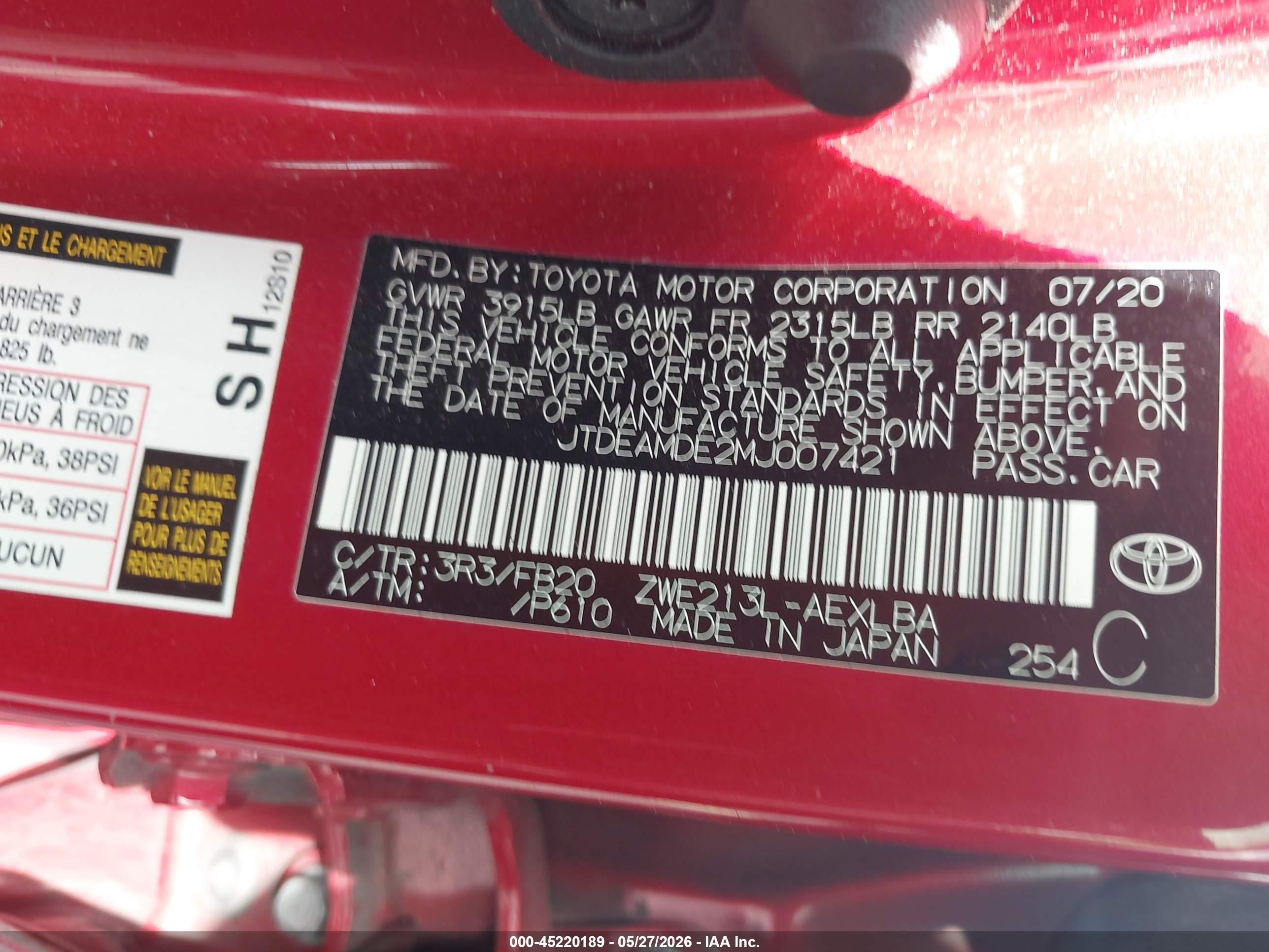 2021 Toyota Corolla Hybrid Le Красный vin: JTDEAMDE2MJ007421