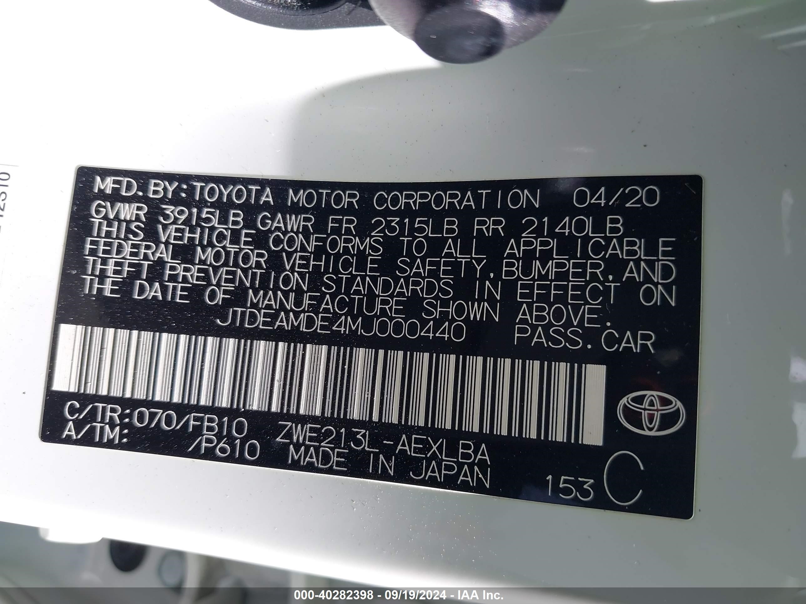 2021 Toyota Corolla Hybrid Le White vin: JTDEAMDE4MJ000440